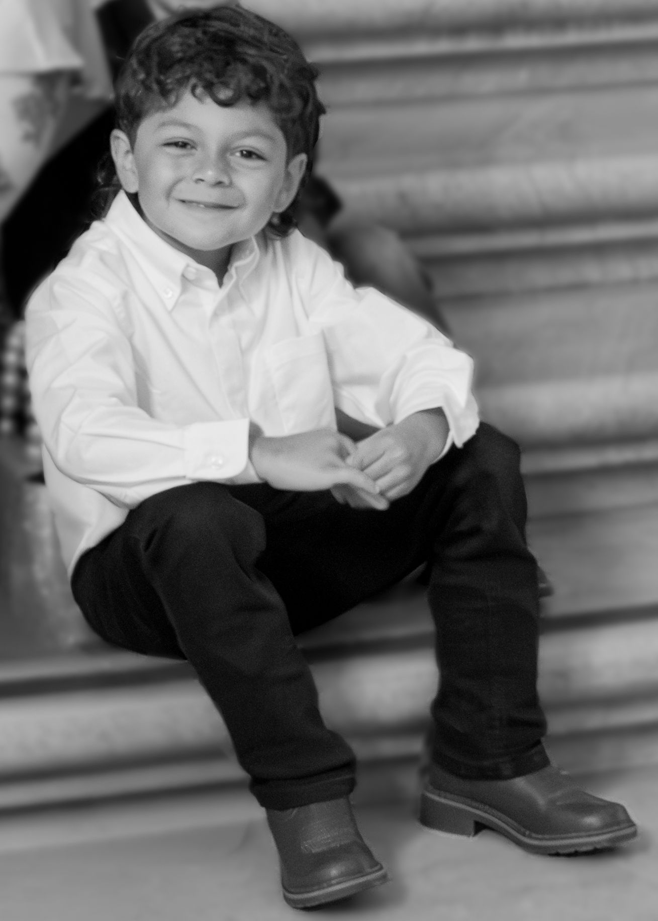 Young boy formal portrait sitting on steps, classic child photography, Jolie & Rae Photography Sacramento County California