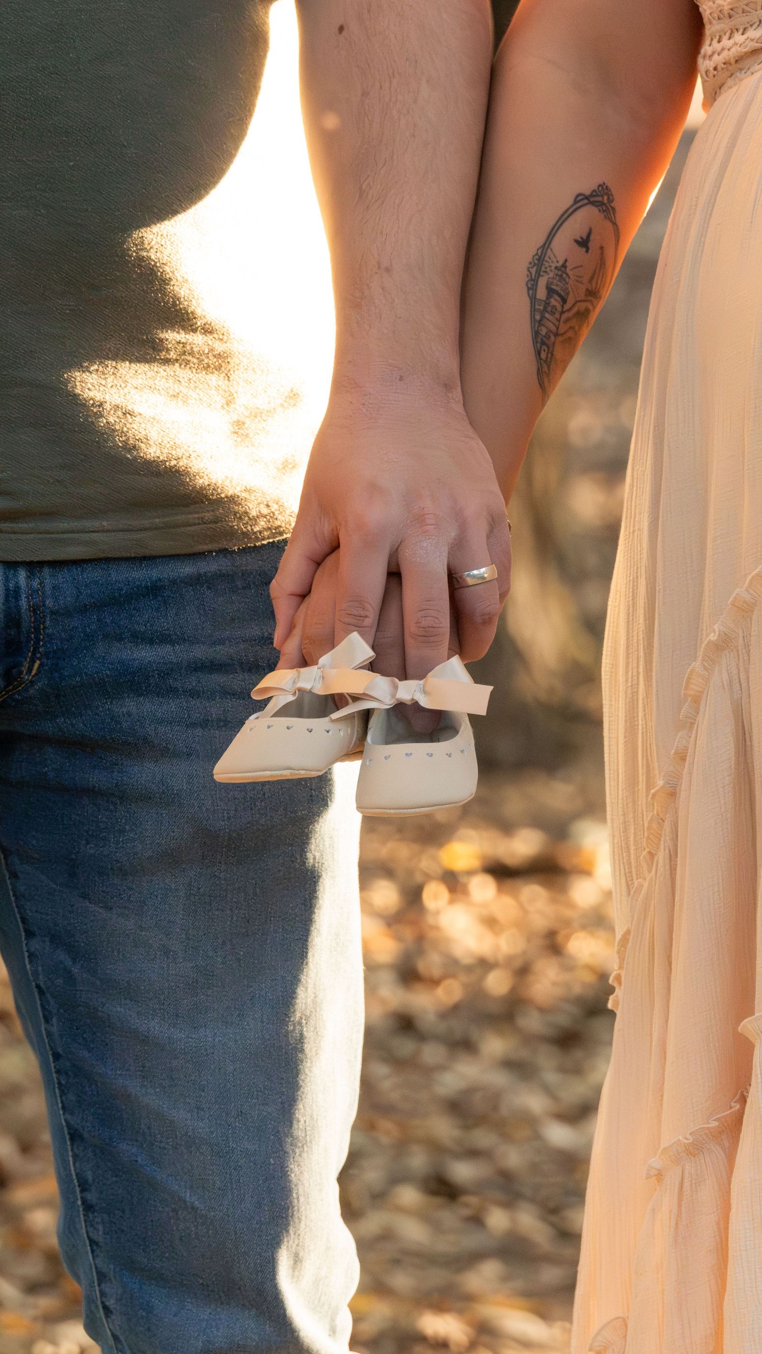A sequence of photos showing expecting parents hands holding baby shoes in cute maternity photoshoot by Jolie & Rae Photography Lodi Lake CA