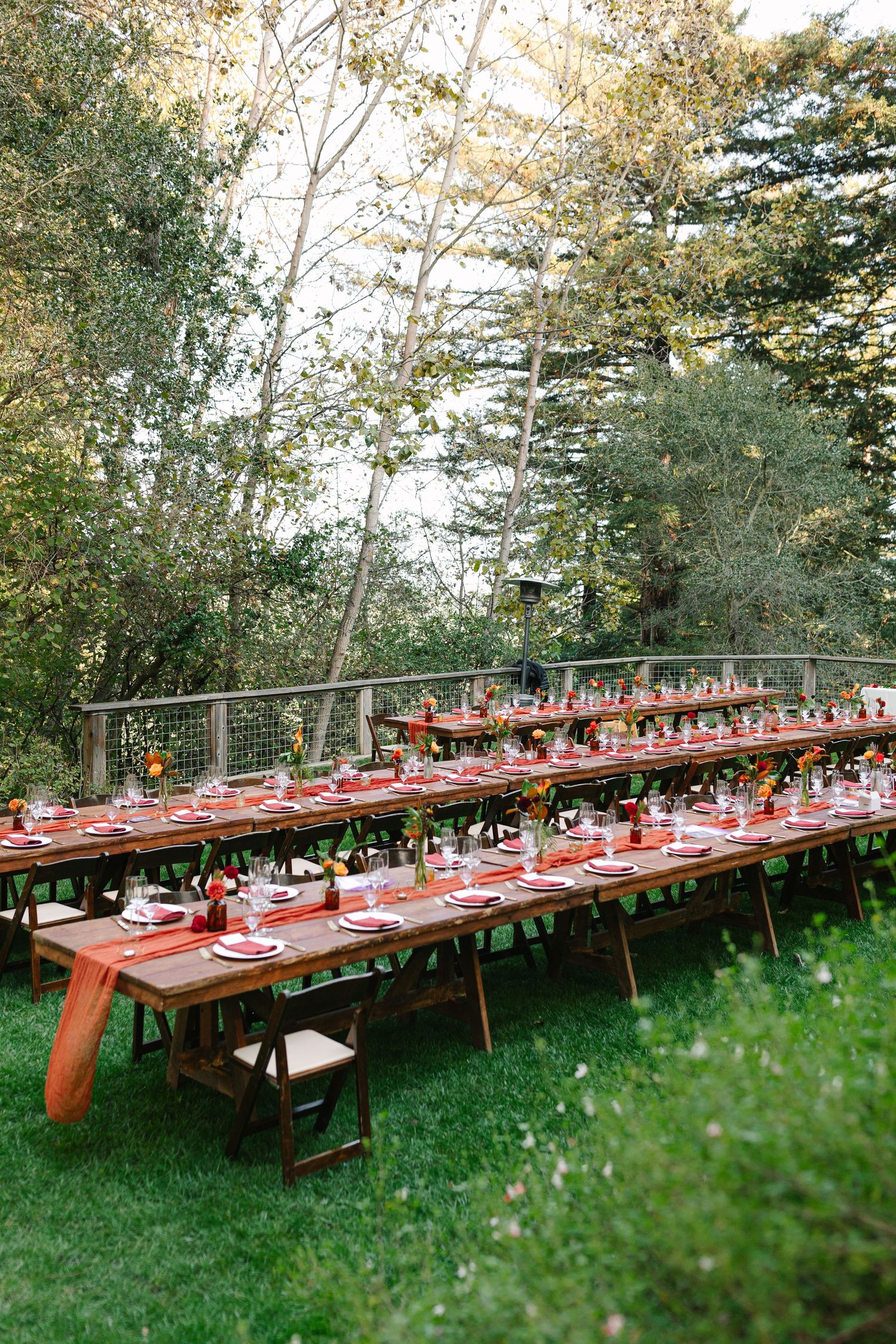 Long wooden tables set for an outdoor wedding reception under tall trees. Molly McPhoto