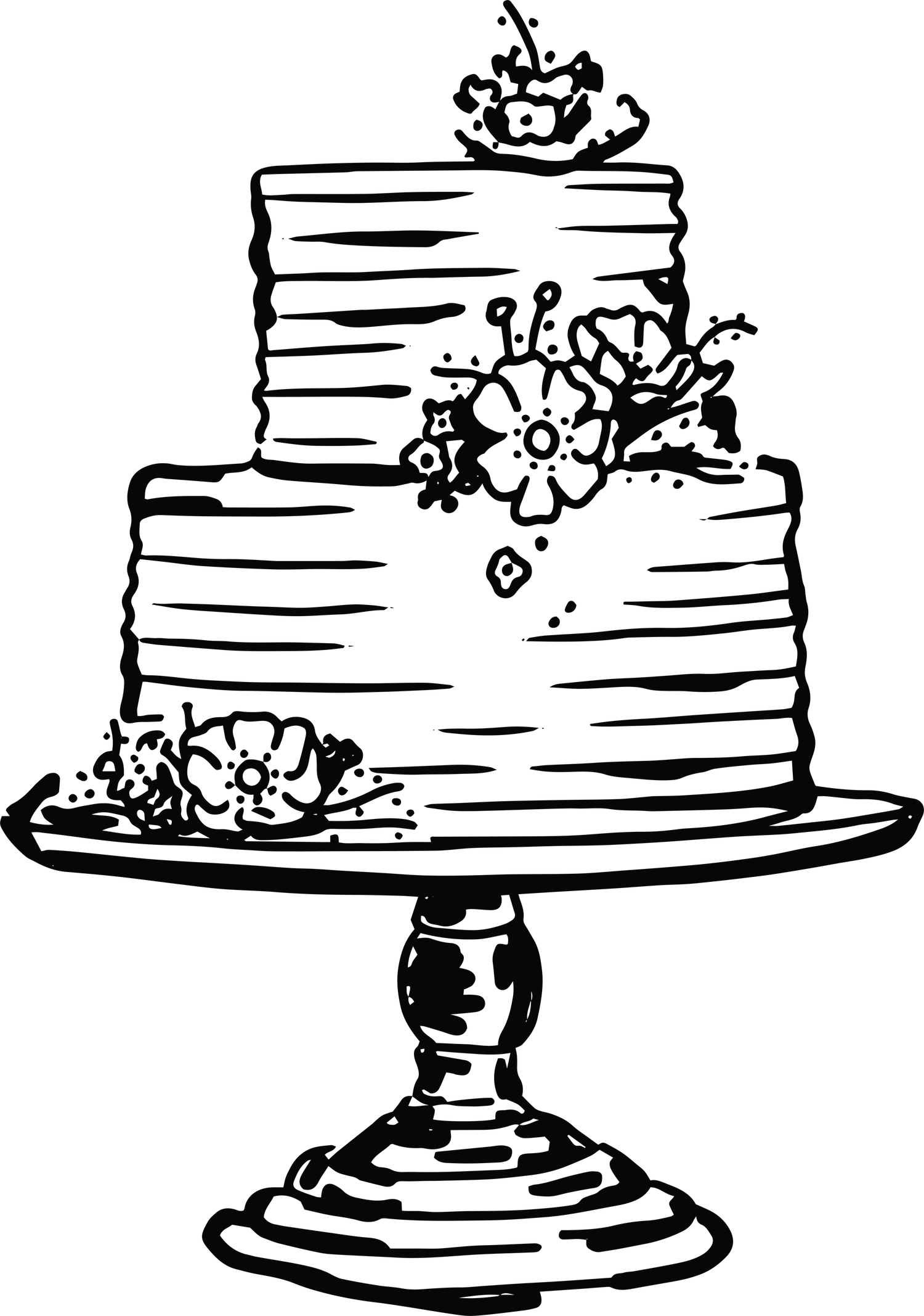 Line drawing of white decorated wedding cakes on pedestals with various layers, sizes and floral decorations.
