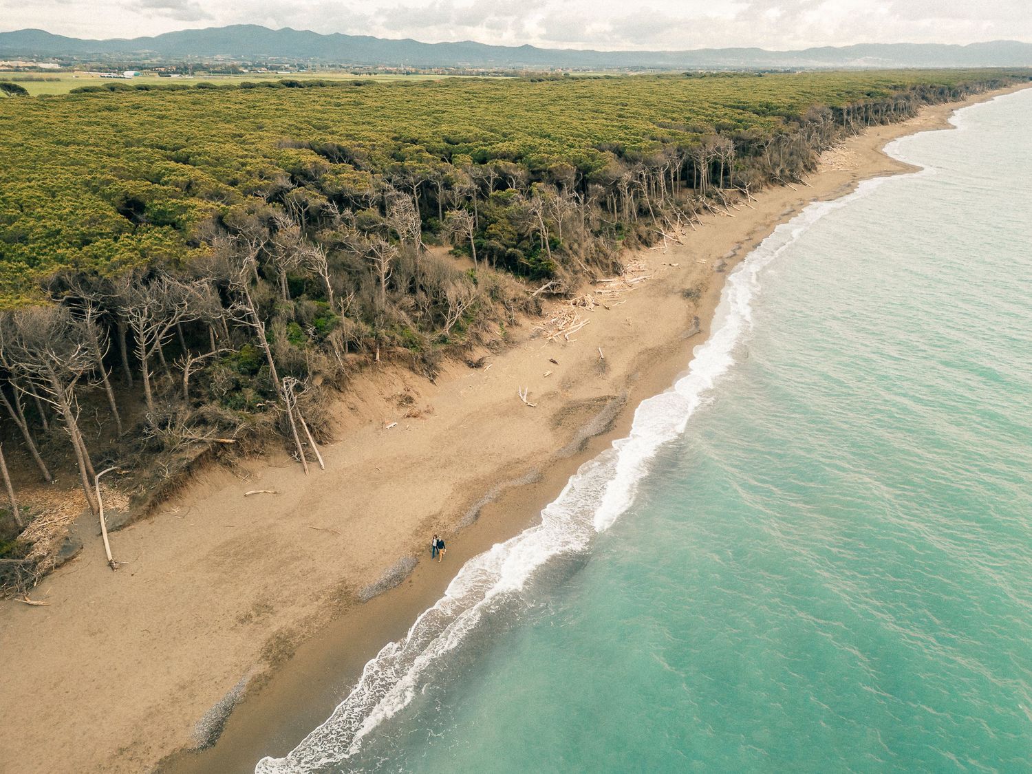Aerial view of a pristine sandy beach with turquoise waters and dense forest along the coastline in tropical setting.