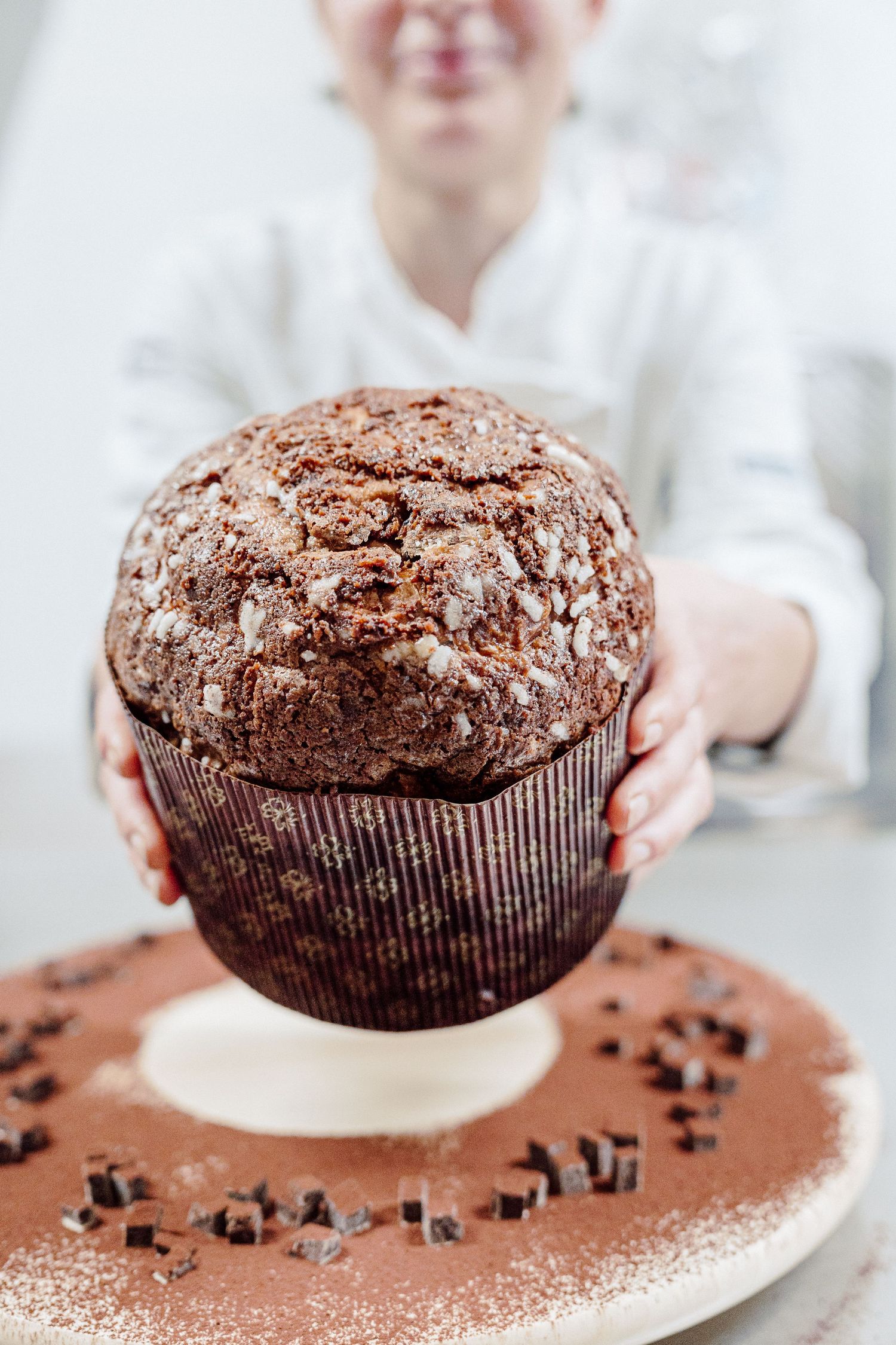 Large chocolate panettone with cocoa powder dusting and chocolate chips on white plate.