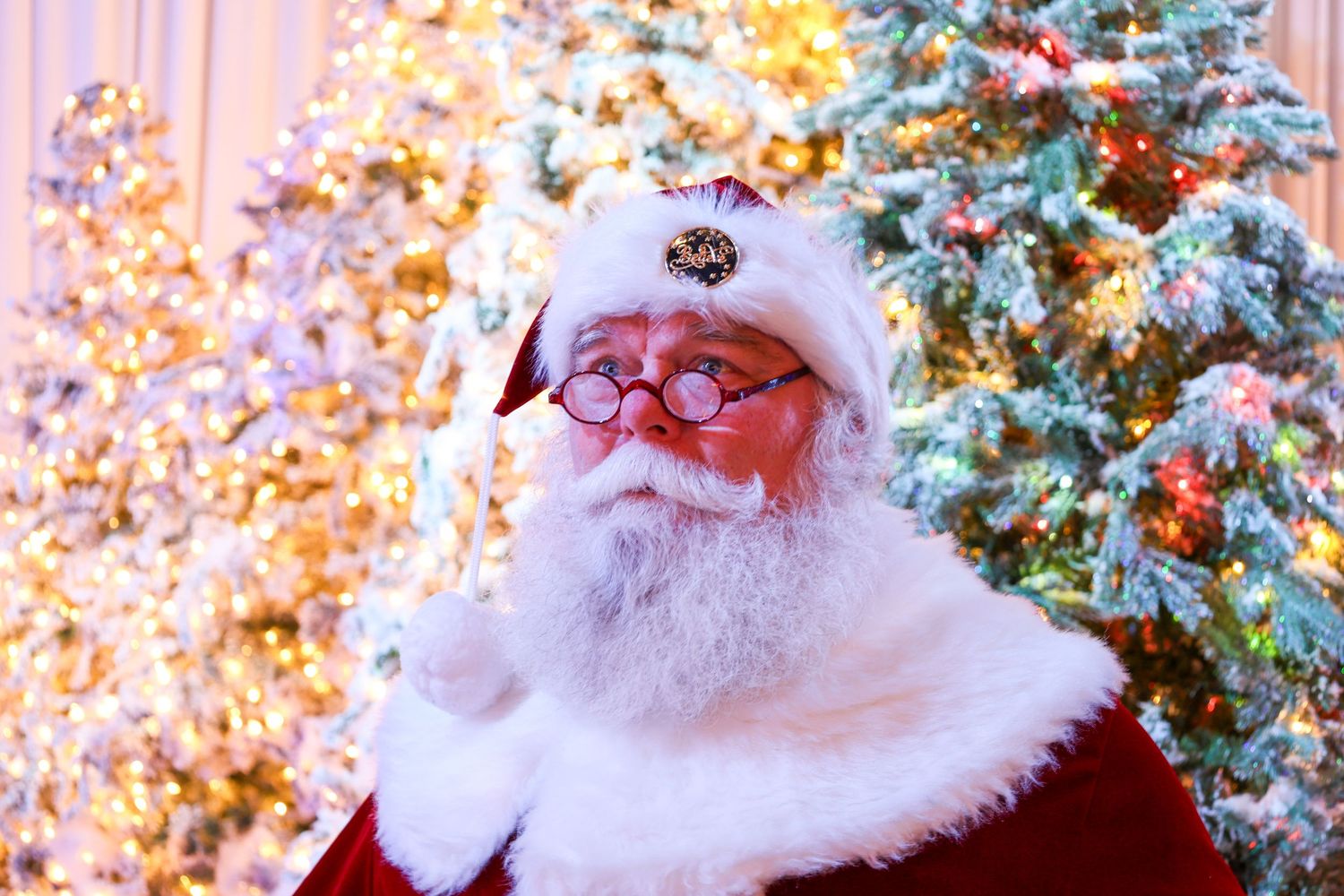 A person wearing a traditional red Santa Claus costume with white beard and hat stands in front of lit Christmas trees.