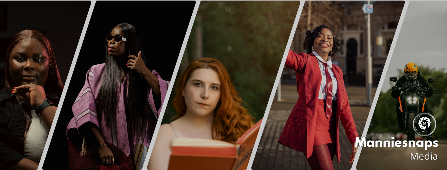 A collage of five diverse portrait photos featuring stylish individuals in professional attire, branded with Nanniesnaps Media logo.