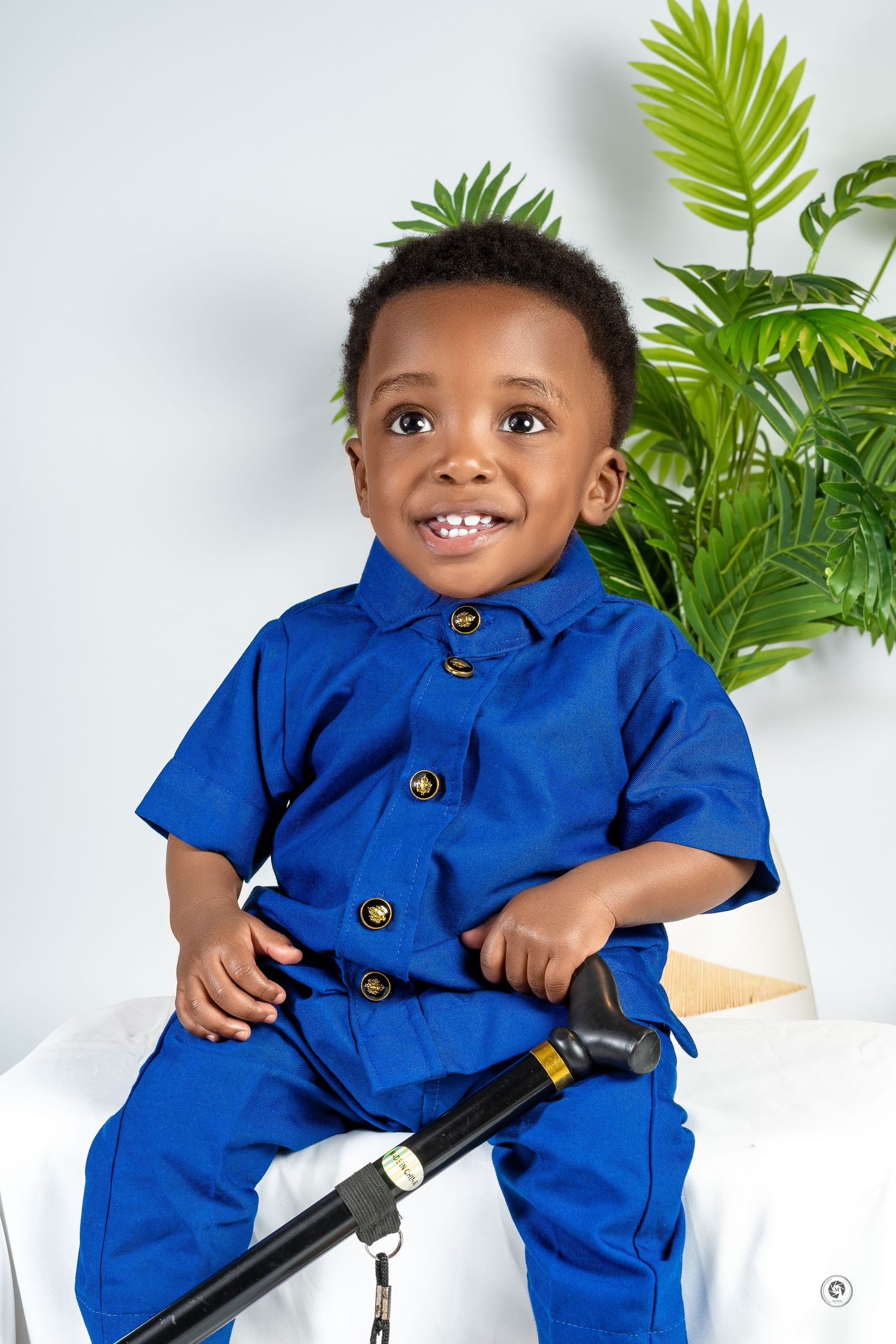 A small child wearing a bright blue jumpsuit sits and smiles while posing against a white backdrop with tropical plants.
