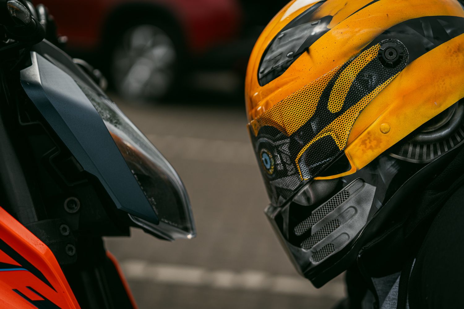 Close-up shots of a yellow and black motorcycle helmet from multiple angles showing its sleek details and design features.