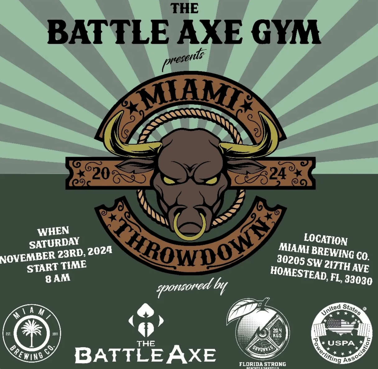 Battle Axe Gym Miami Throwdown event poster featuring bull logo and sponsor information.
