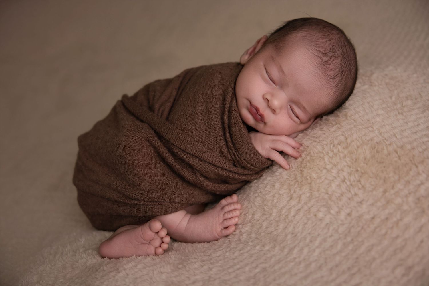 Utah newborn photographer studio session — swaddled baby in neutral tones on cream backdrop in Layton.