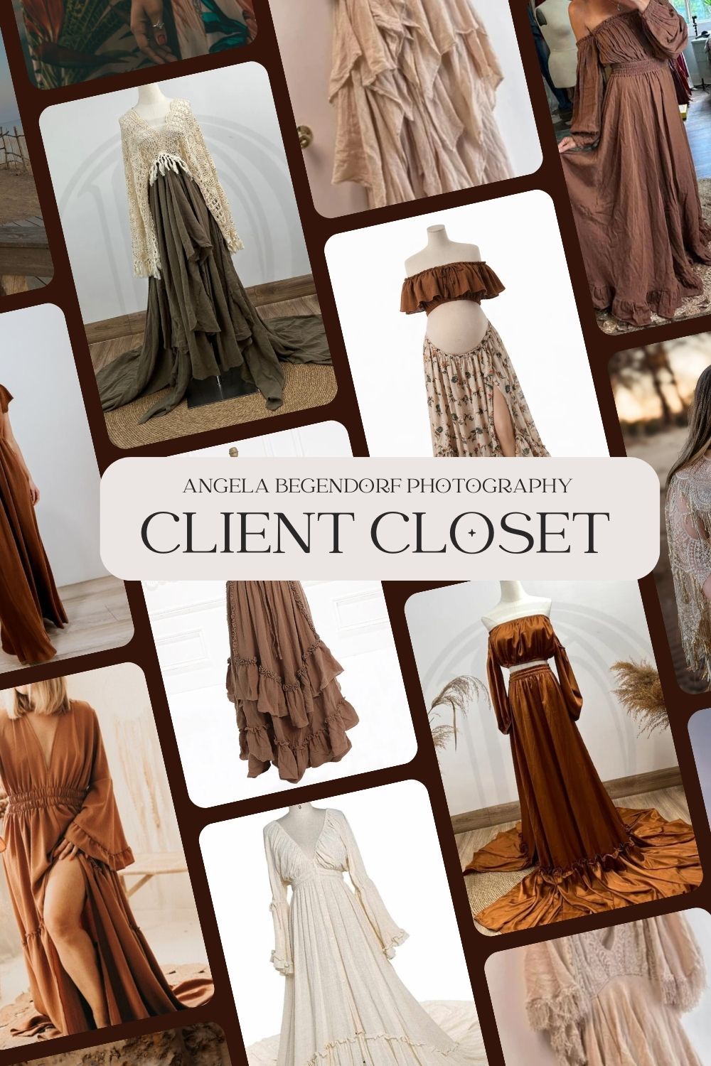 Collage of vintage-inspired photography featuring flowing dresses in earth tones and soft fabrics for a client wardrobe collection.