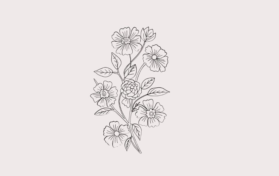 Minimalist line art illustration of a delicate floral bouquet with blooming flowers and leaves on a light background.