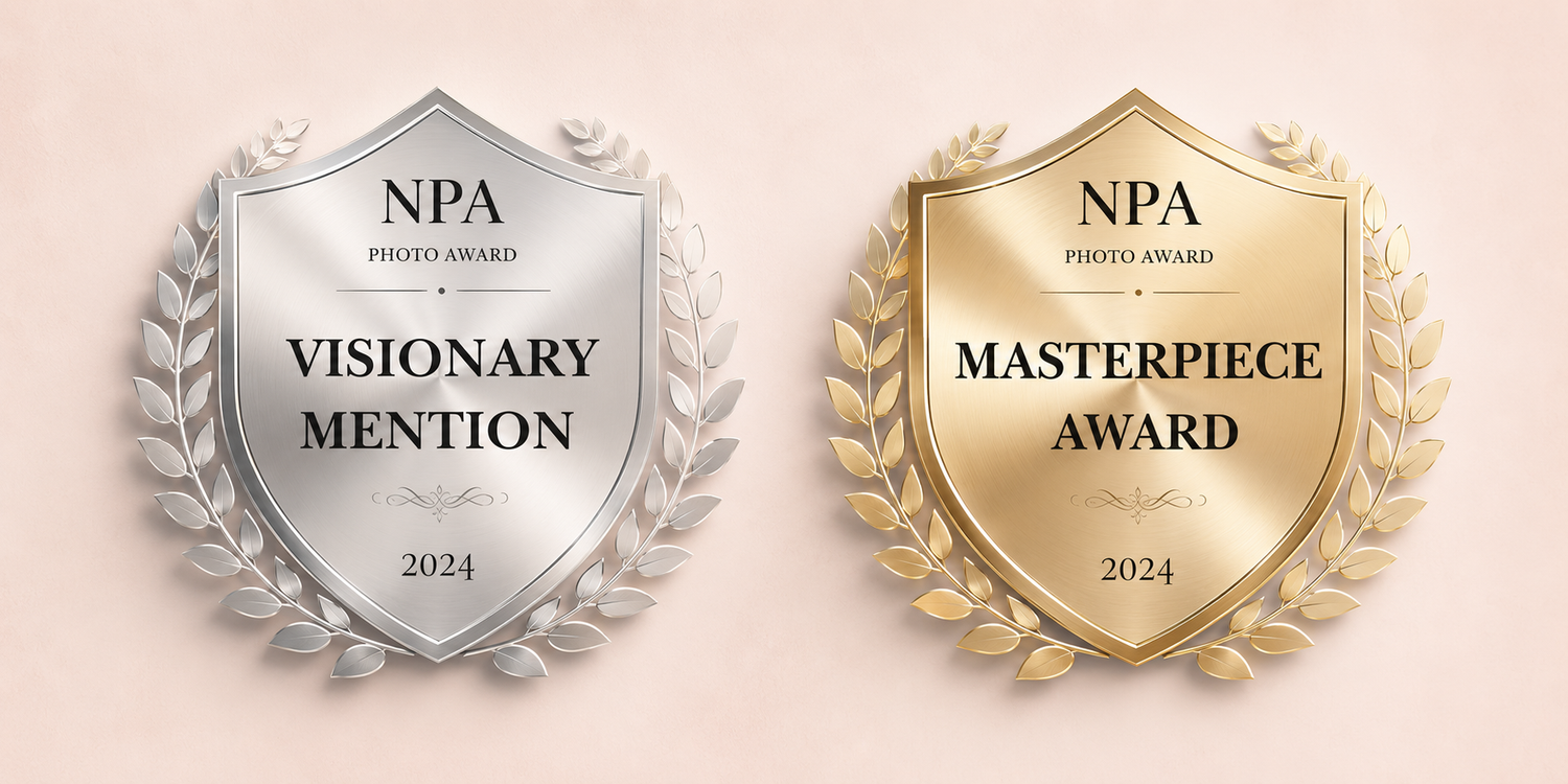 Two NPA Period Award shields: silver Visionary Mention and gold Masterpiece Award, both dated 2024 with laurel wreaths.