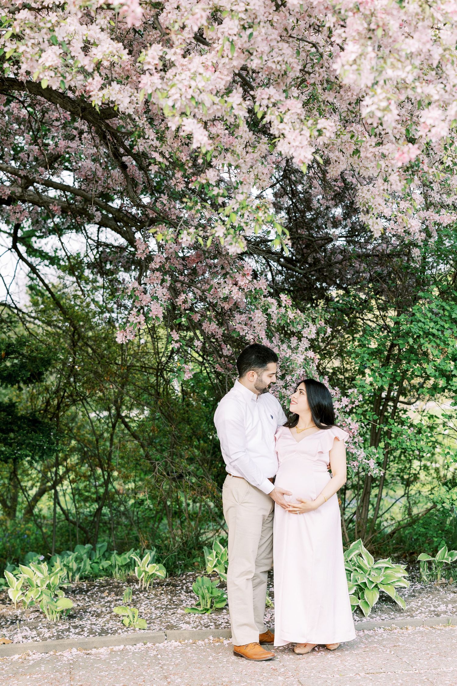 Couple embracing under pink cherry blossom tree, pregnant woman in blush dress holding baby bump in garden.