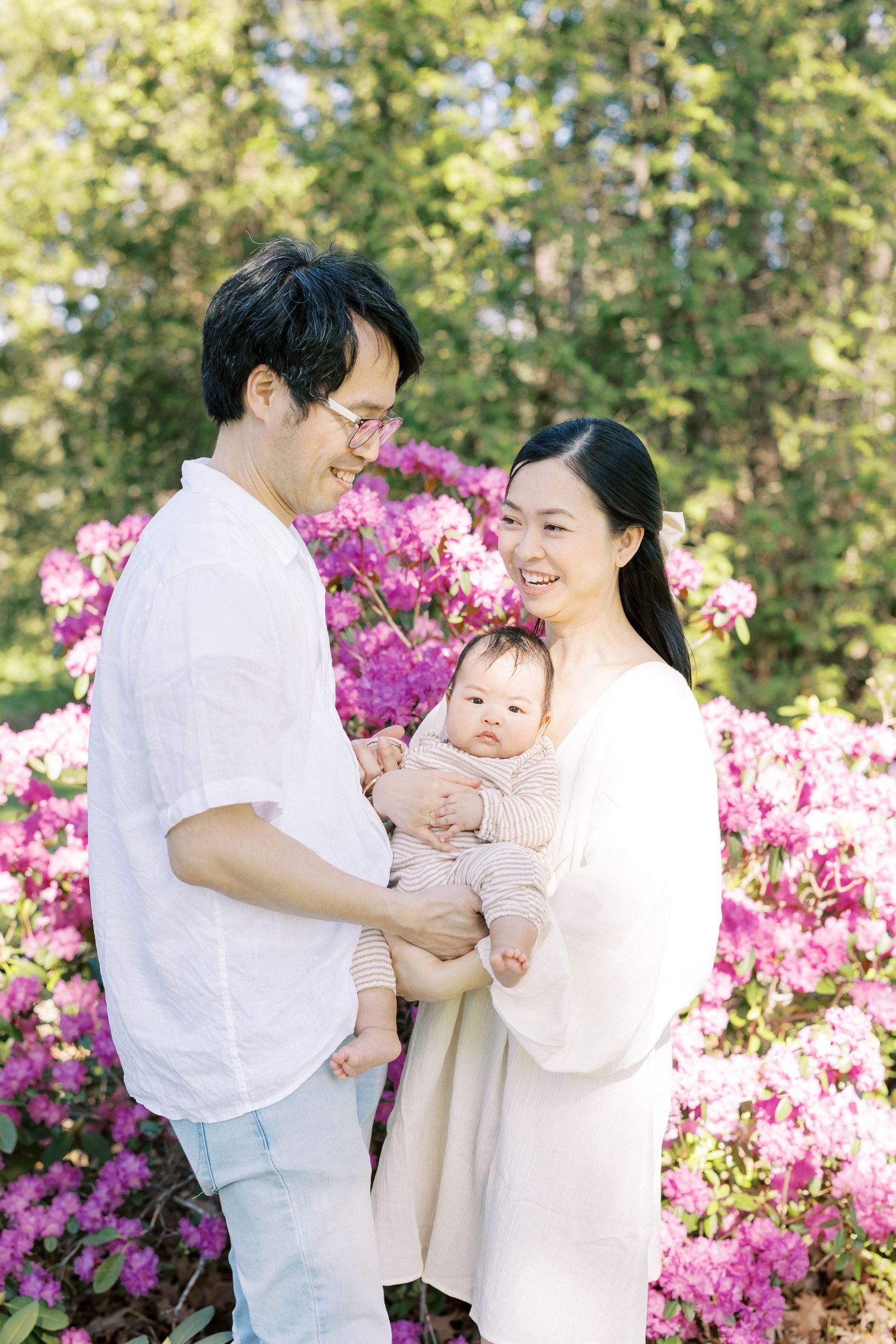 Smiling Asian family with baby poses before vibrant pink rhododendron blooms in a sunny garden setting.