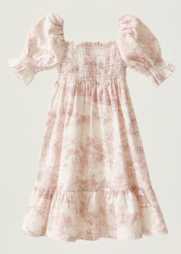 Cream and pink toile print smocked bodice midi dress with puff sleeves and tiered ruffle hem.