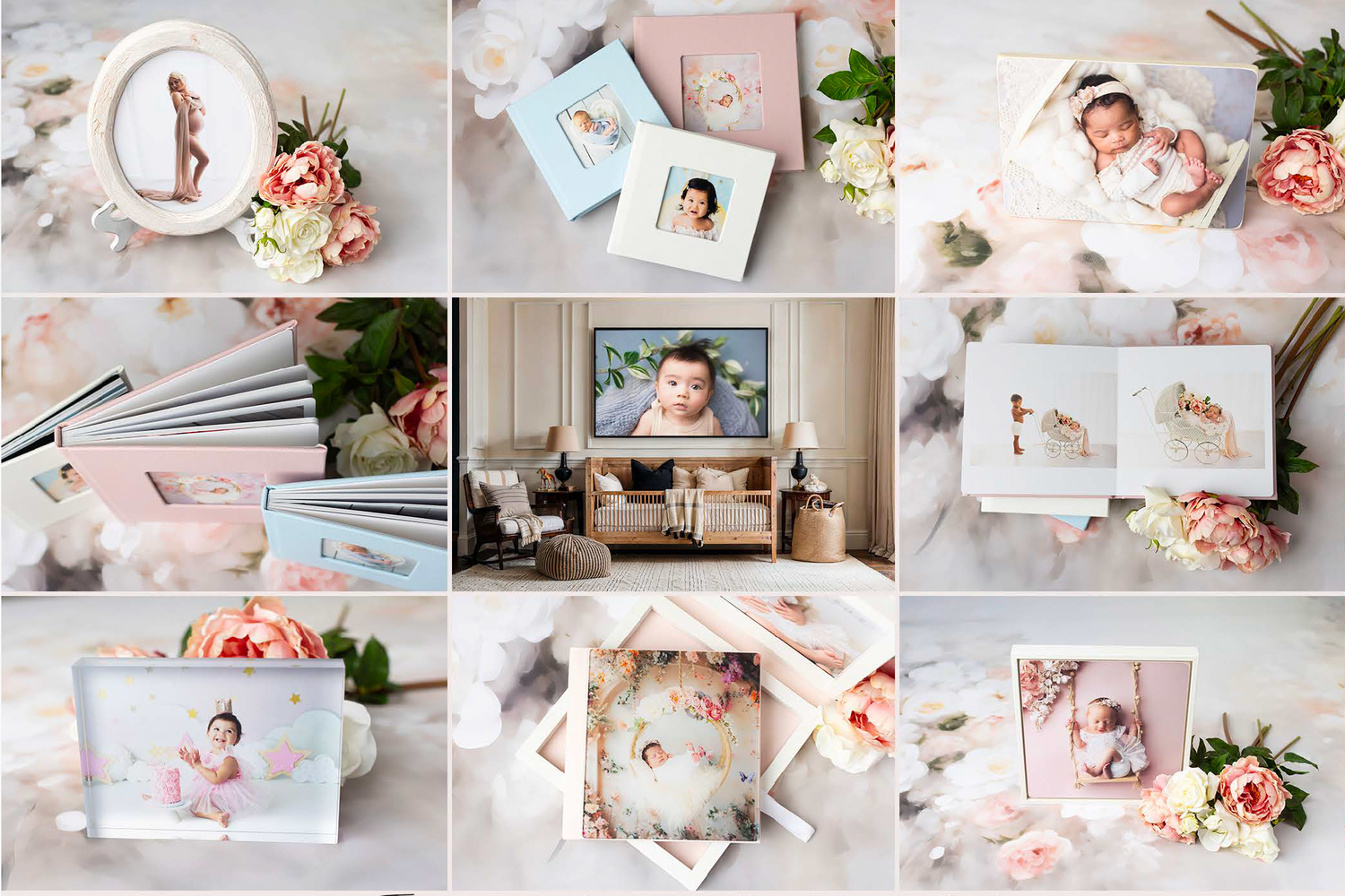 A collage of professional newborn photography products including albums, prints, and framed portraits.