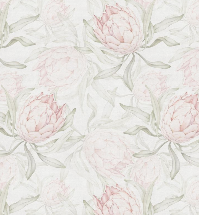 Elegant protea floral wallpaper with delicate pink blooms and sage green leaves on a white background.