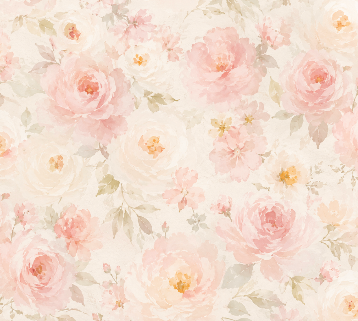 Soft watercolor floral wallpaper with blush pink roses and cream peonies on a light beige background.