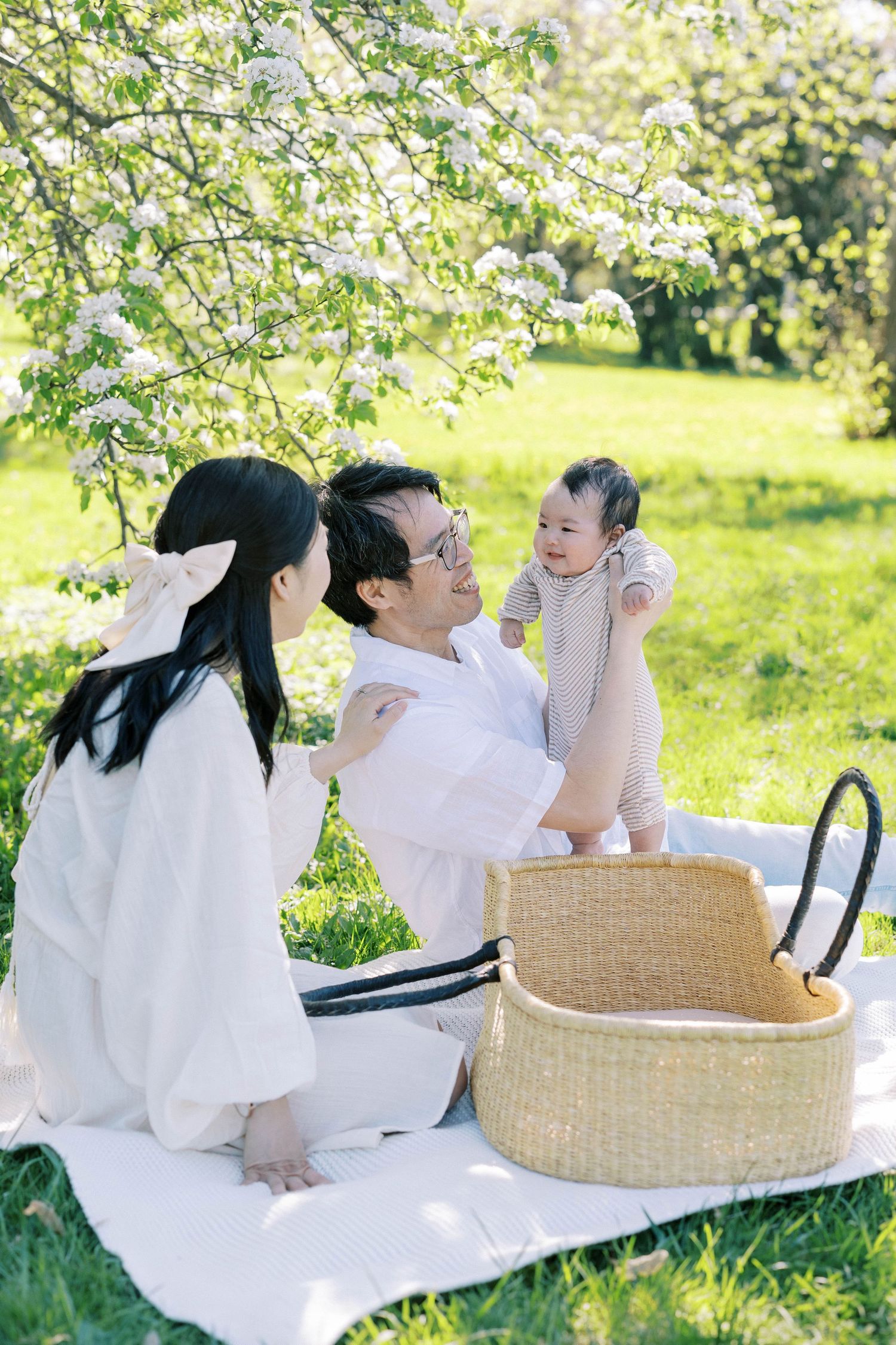 Happy Asian family enjoys sunny outdoor picnic, father lifting smiling baby while mother watches near wicker basket.