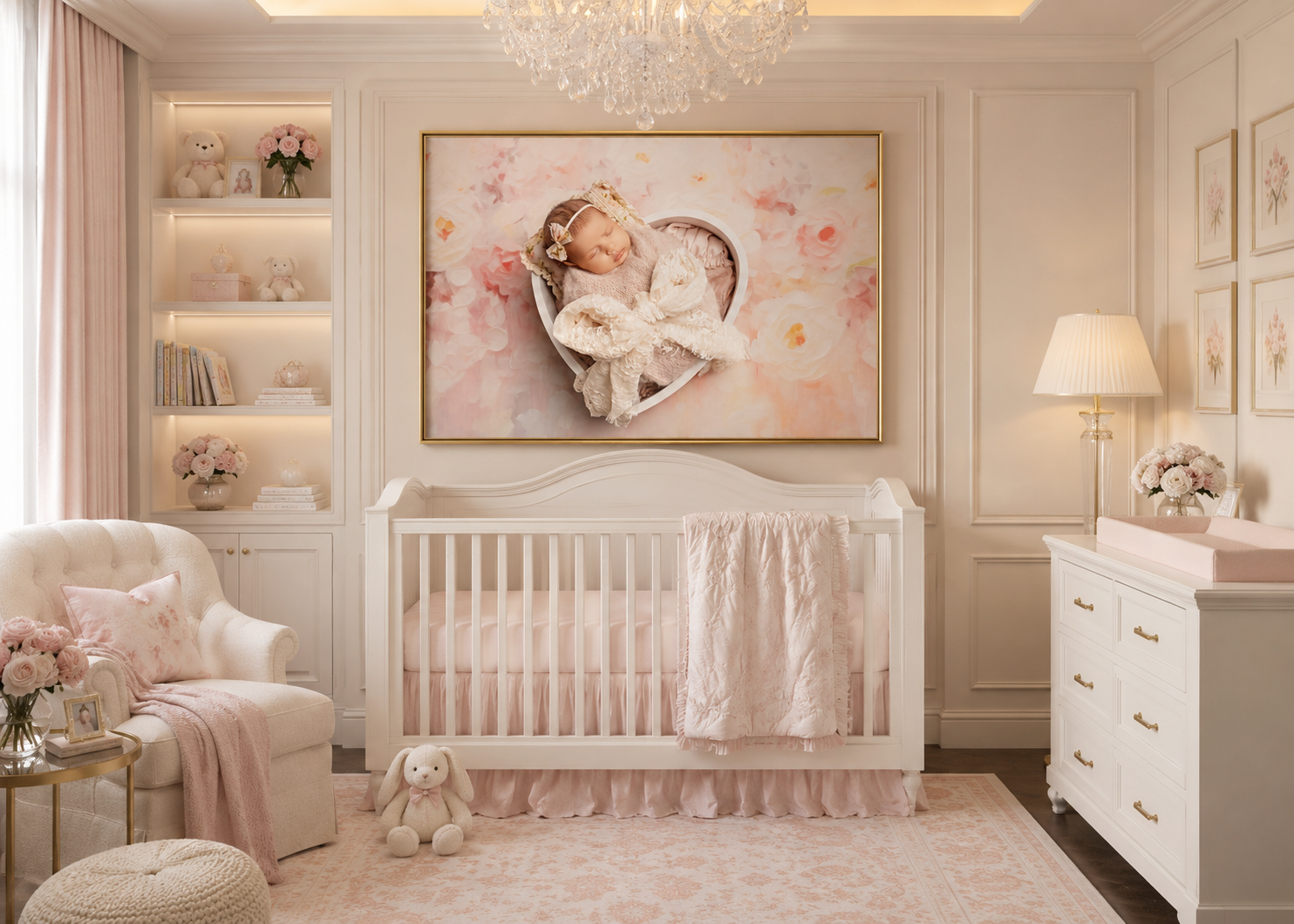 Elegant pink nursery with white crib, plush armchair, built-in shelves, and a large framed newborn portrait above the crib.