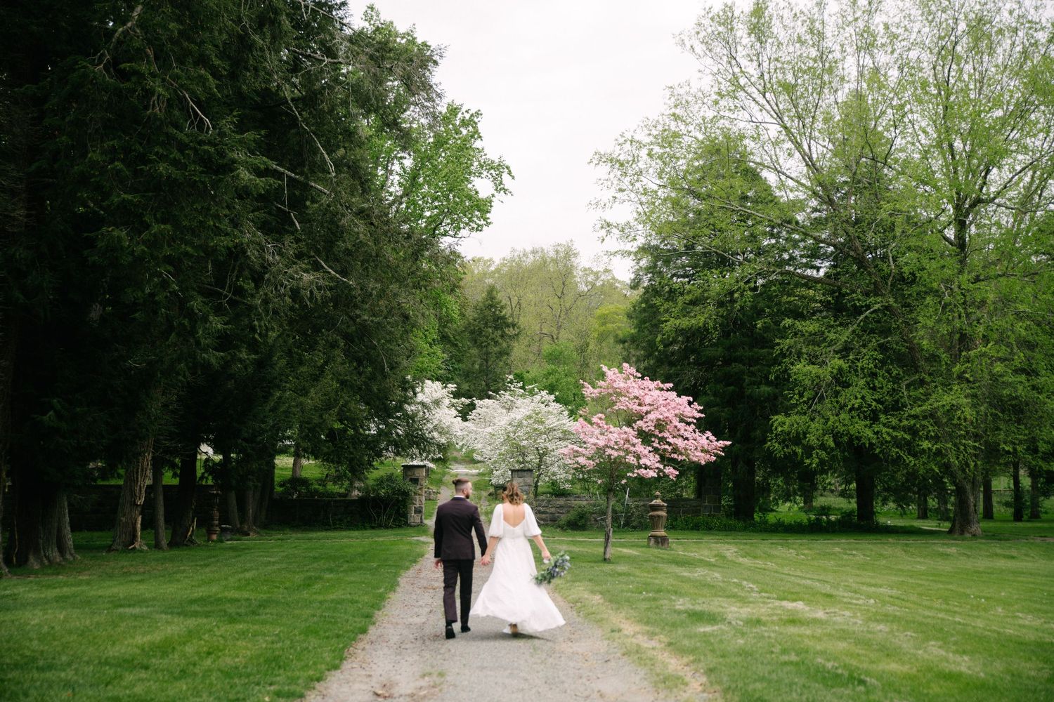 Bride and groom walking hand in hand down a tree-lined path with blooming cherry blossoms in a lush green garden.