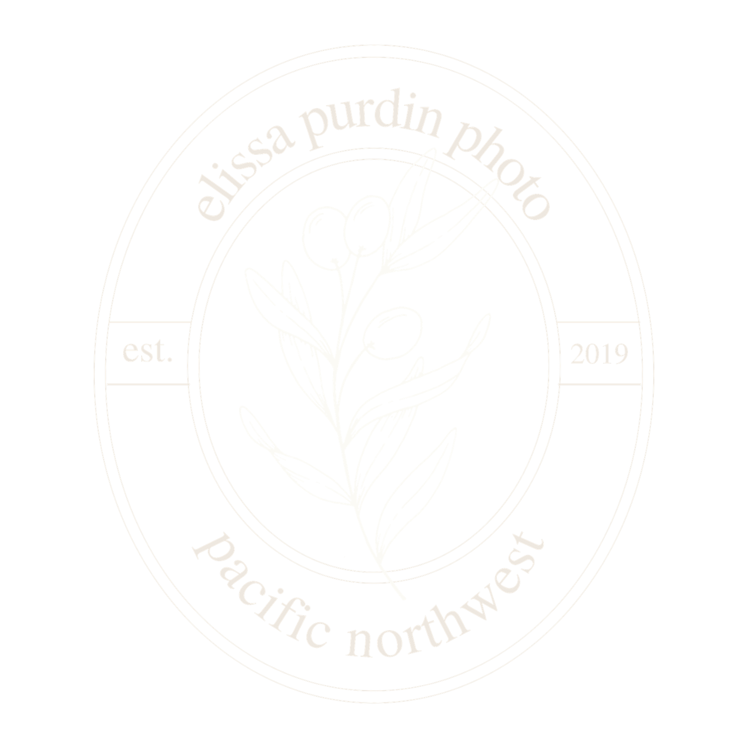 Elussa Purdin Photo oval logo with floral sprig illustration, est. 2019, text reading Pacific Northwest, in soft cream on white.