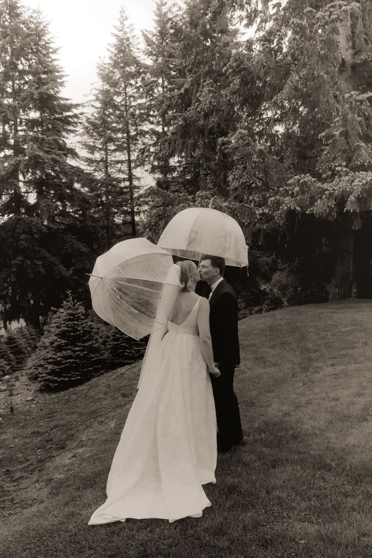 Bride and groom sharing romantic kiss under clear umbrellas in black and white forest wedding photo.