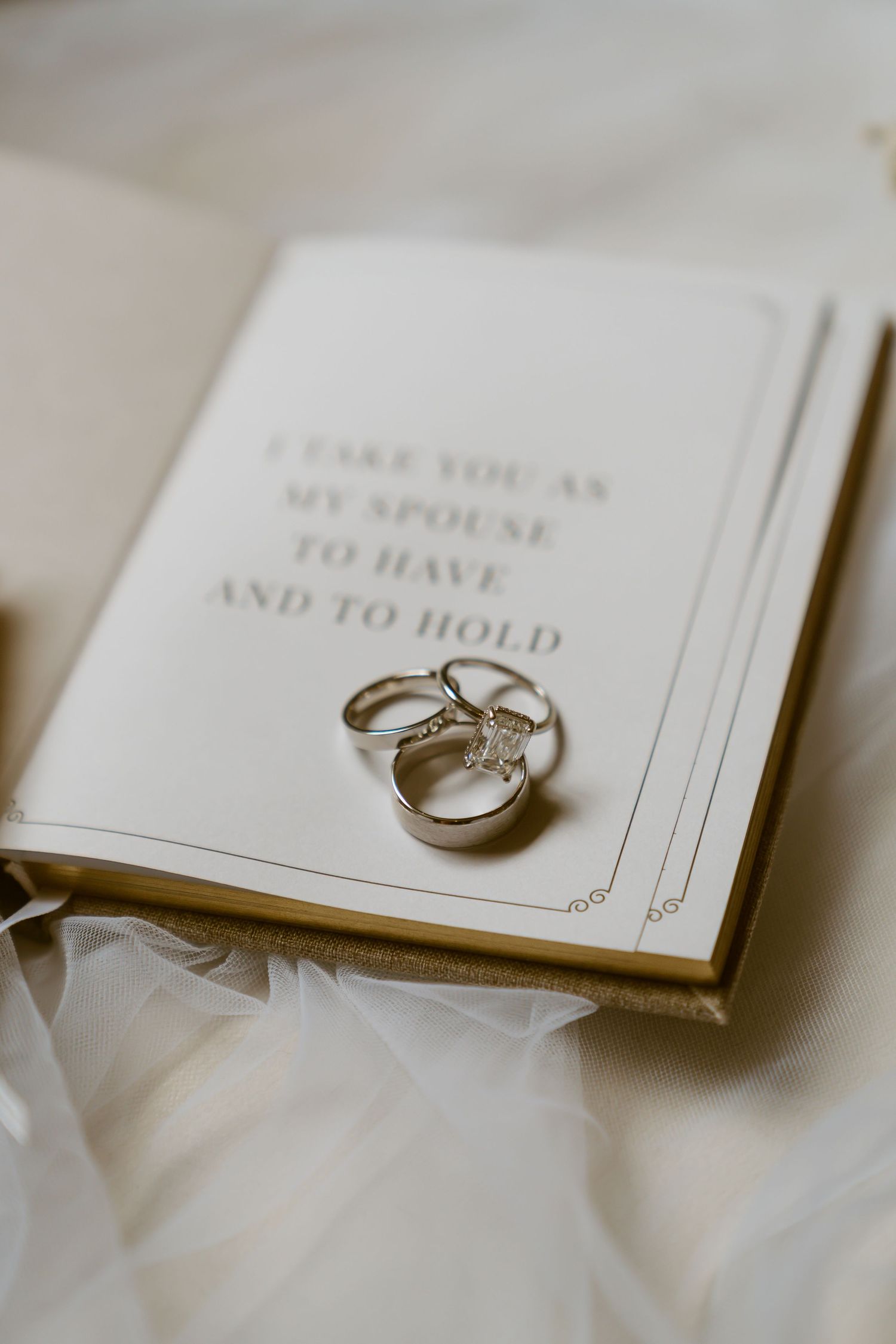 Two silver wedding rings resting on a wedding vow book reading I take you as my spouse to have and to hold.