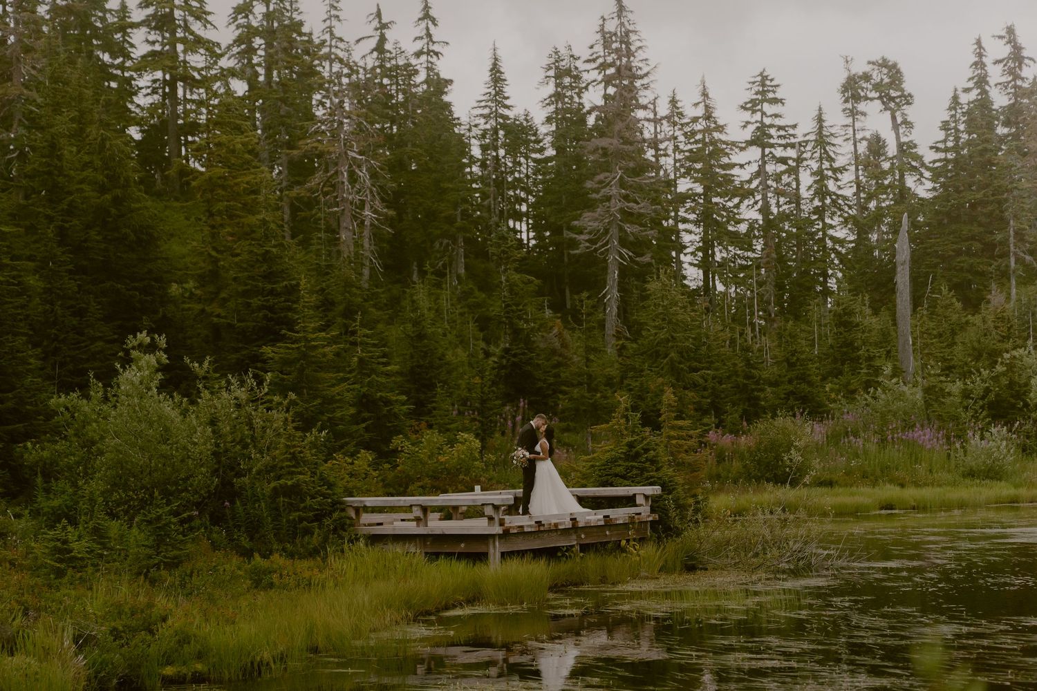 A tranquil forest lake surrounded by tall evergreen trees reflects the cloudy sky above in muted earth tones.