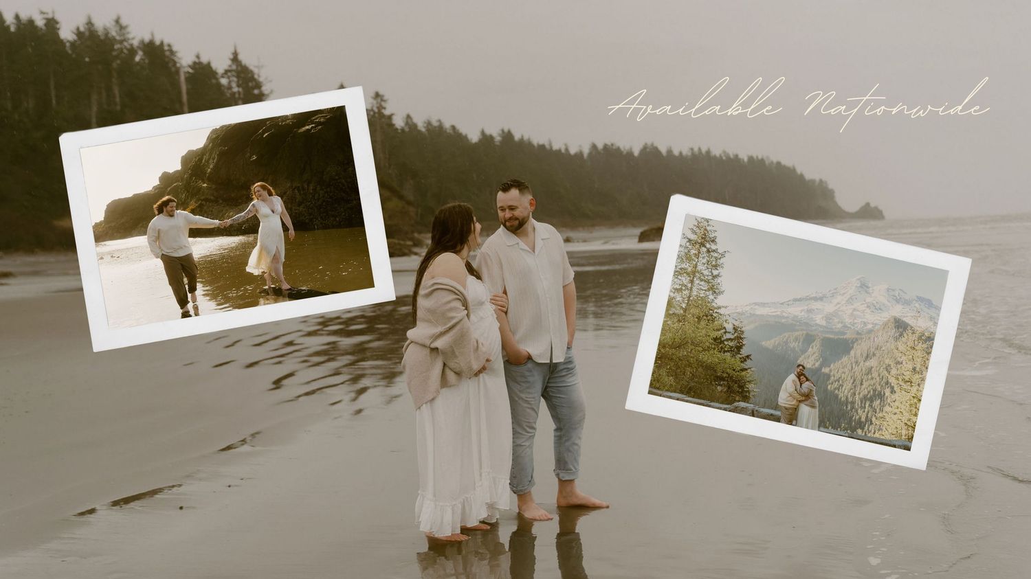 Couple embracing on a misty beach with forest backdrop, small photos of outdoor sessions overlay, text reads Available Nationwide.