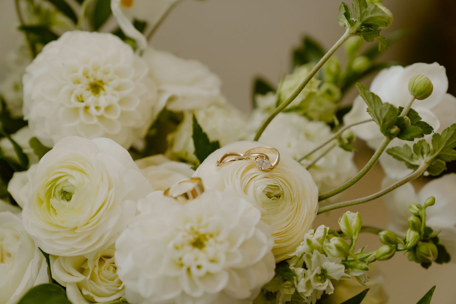 White ranunculus and roses create an elegant floral arrangement against a neutral background.