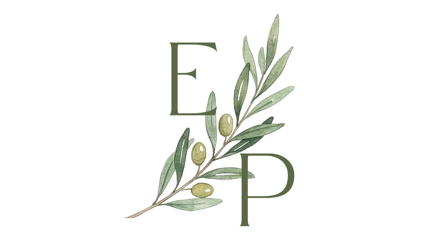 Decorative olive branch illustrations with letters E and P arranged in a minimalist botanical design pattern.