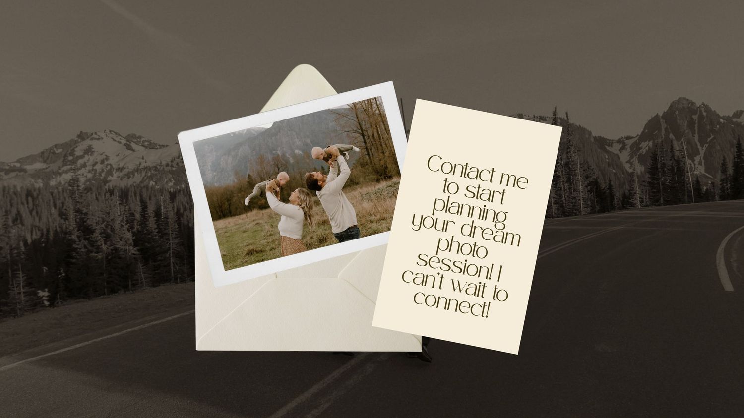 Polaroid photo of a couple dancing outdoors with a mountain road backdrop and a handwritten note about dream photo sessions.