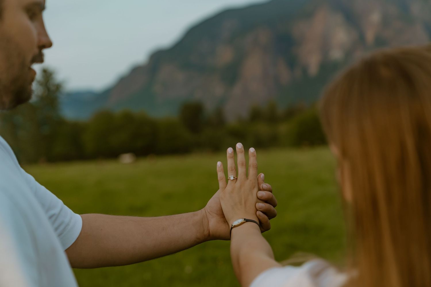 Couple holding hands outdoors with mountains and green fields in the background, woman wearing an engagement ring.