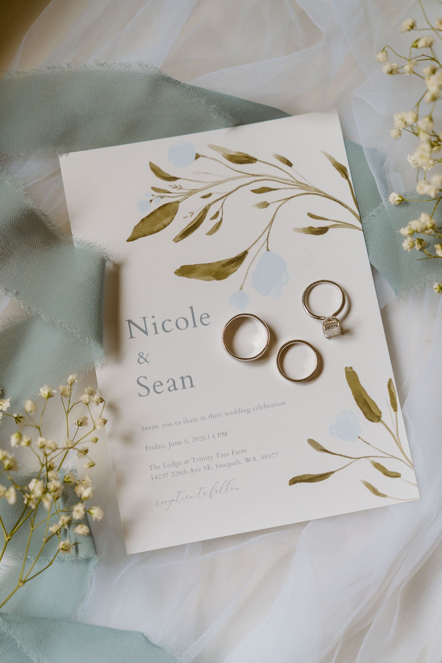 Wedding invitation for Nicole and Sean with gold rings, greenery watercolor details on soft blue tulle fabric.