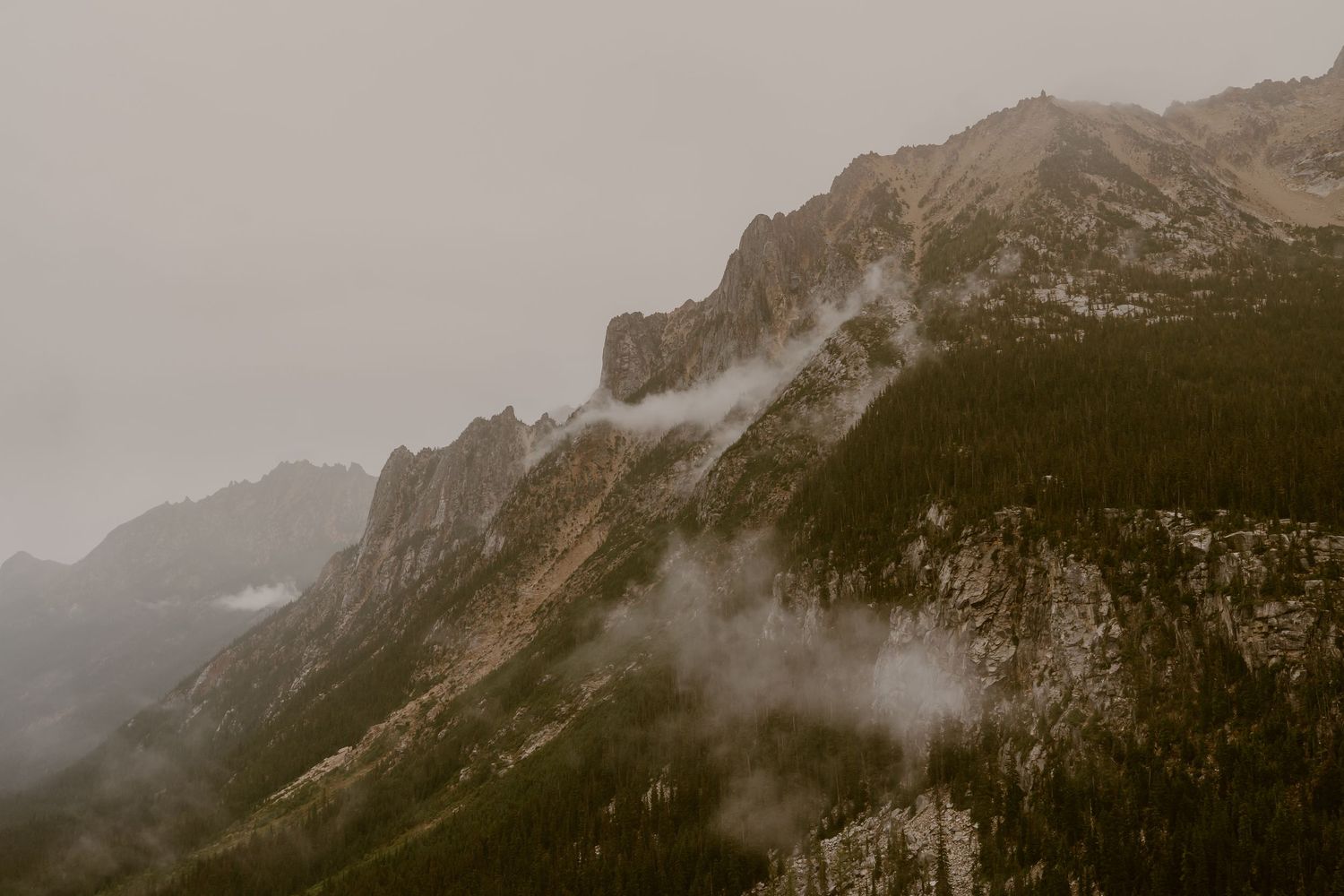 Misty mountain landscape with rugged rocky peaks, dense evergreen forest, and low clouds drifting through the dramatic foggy terrain.