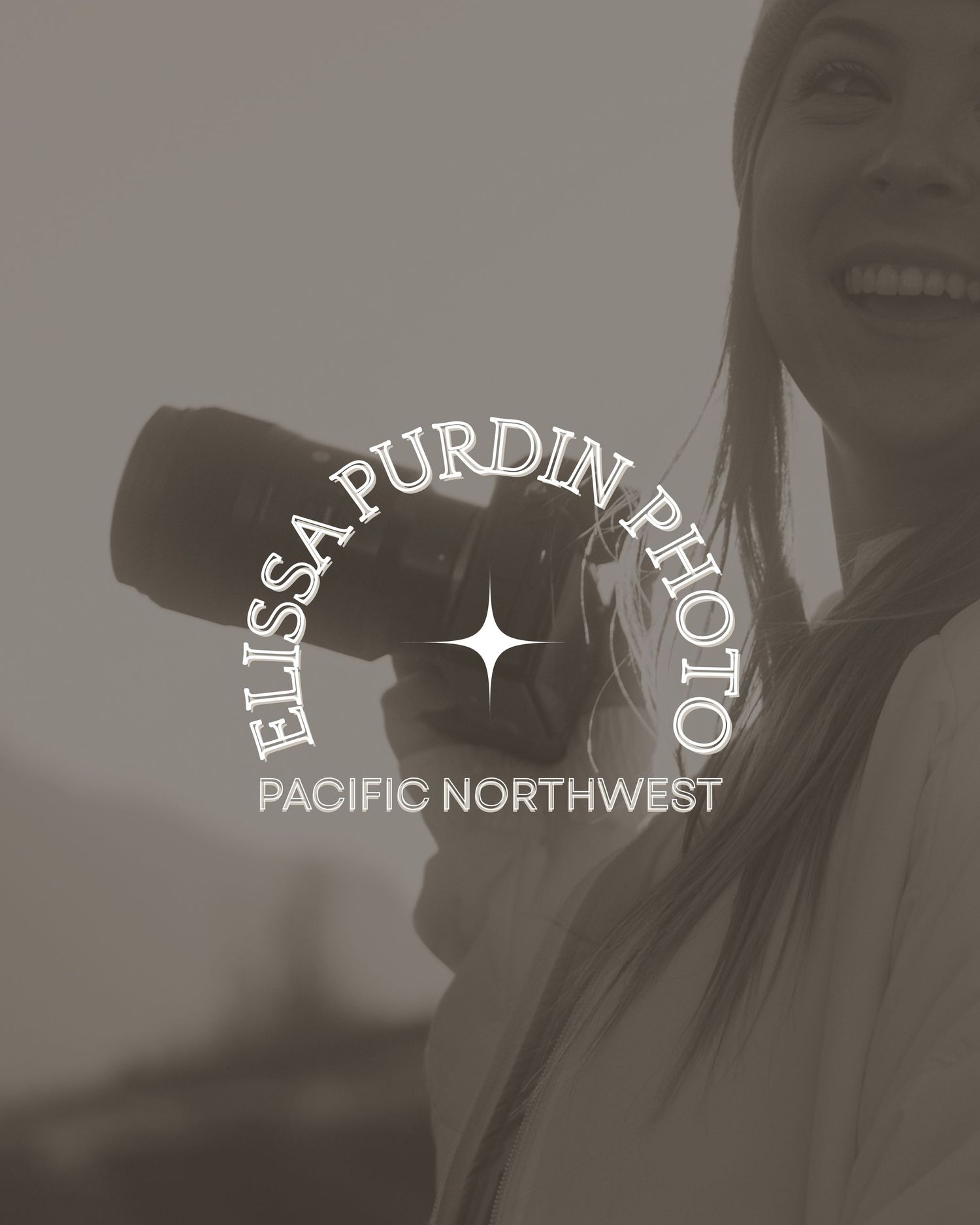 A rustic sepia-toned collage featuring a circular logo design for a Pacific Northwest brand with vintage styling.