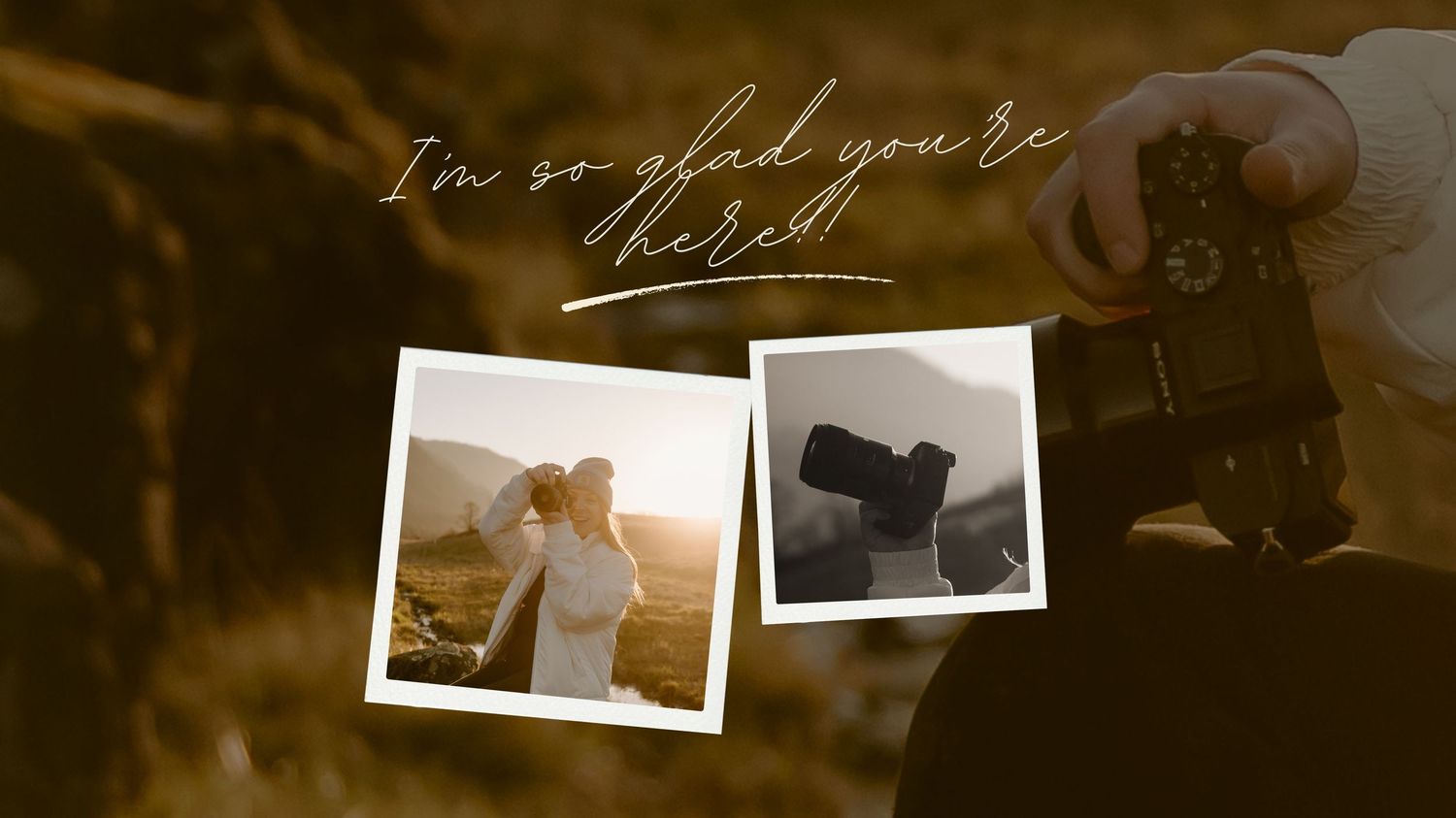 A wedding photographer captures a couple embracing in golden sunlight, with a vintage camera visible in the foreground.