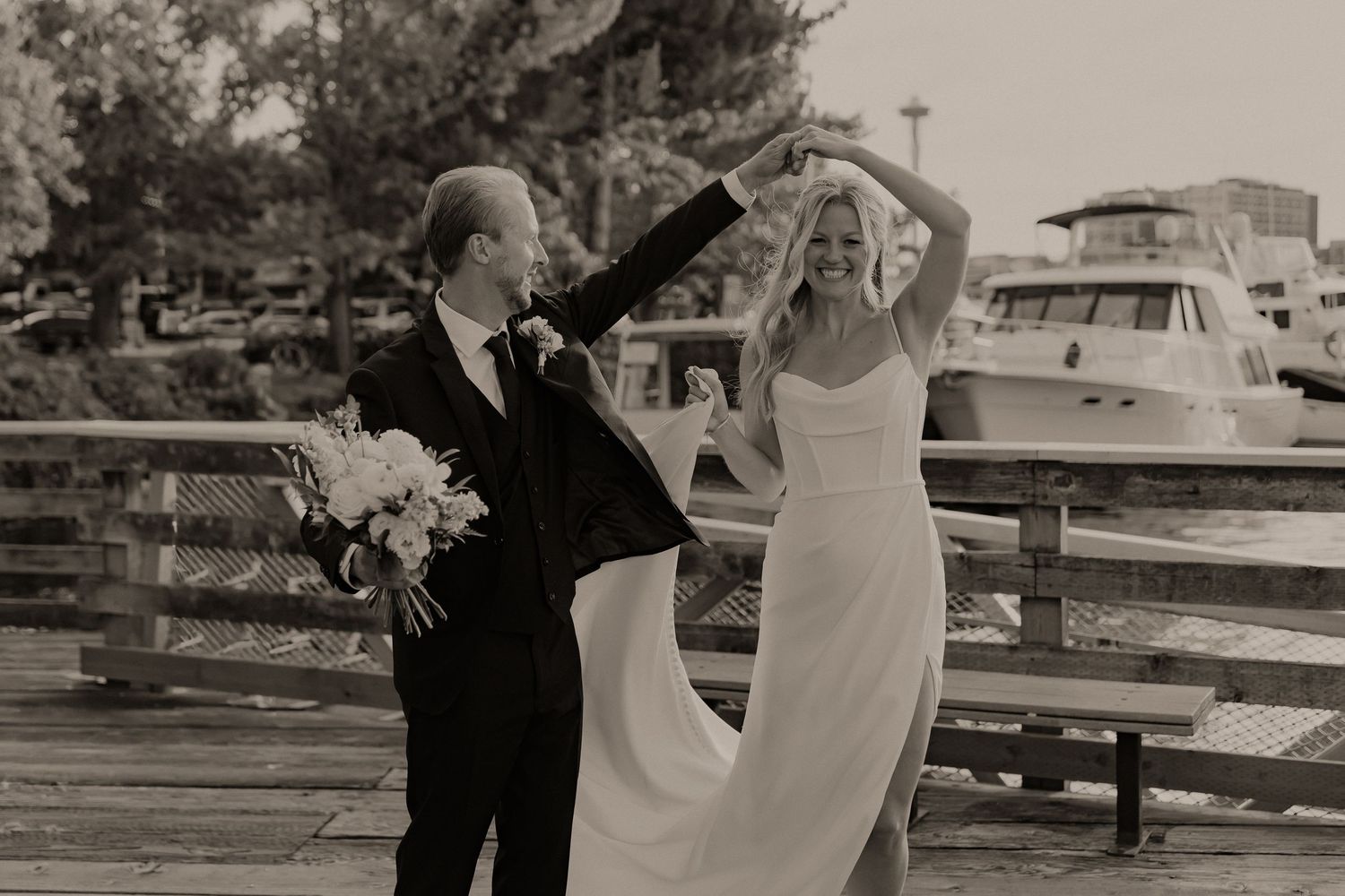 A black and white photo collage showing people dancing at what appears to be a wedding celebration outdoors.
