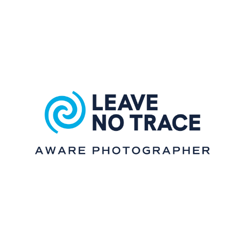 Leave No Trace and Aware Photographer logo badges in blue and white design.