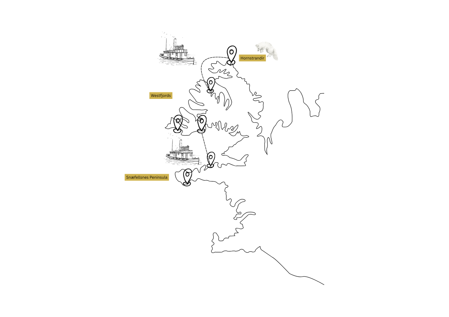 Minimalist line drawing map showing travel route markers and geographic outlines.