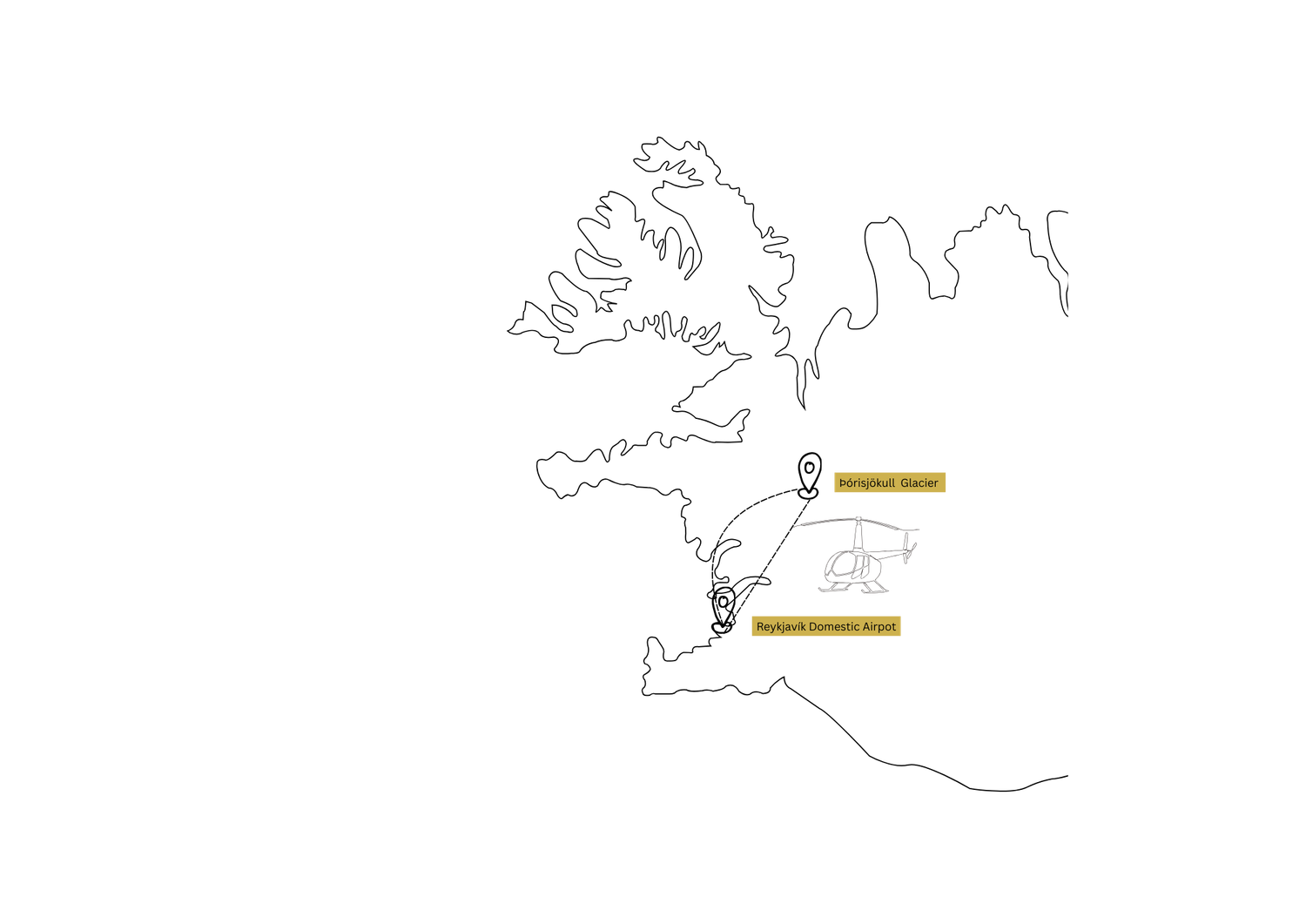 Minimalist cartographic design showing travel route segments across a region.