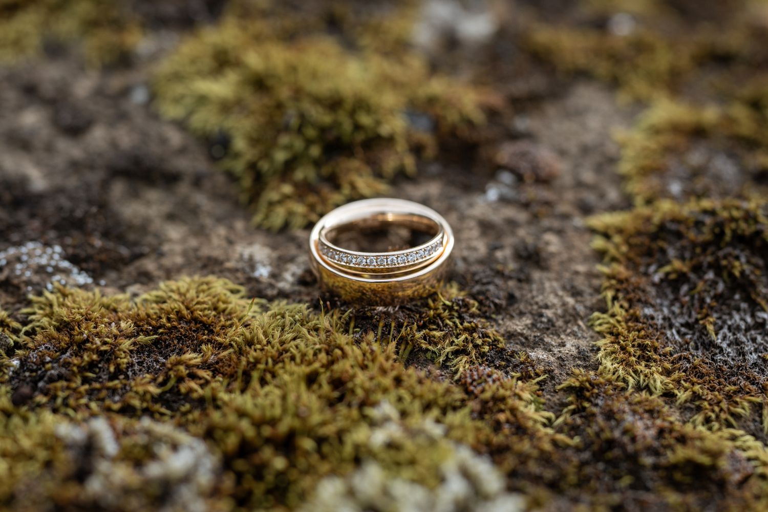 Gold wedding ring with intricate details resting on green moss covered rock in Iceland