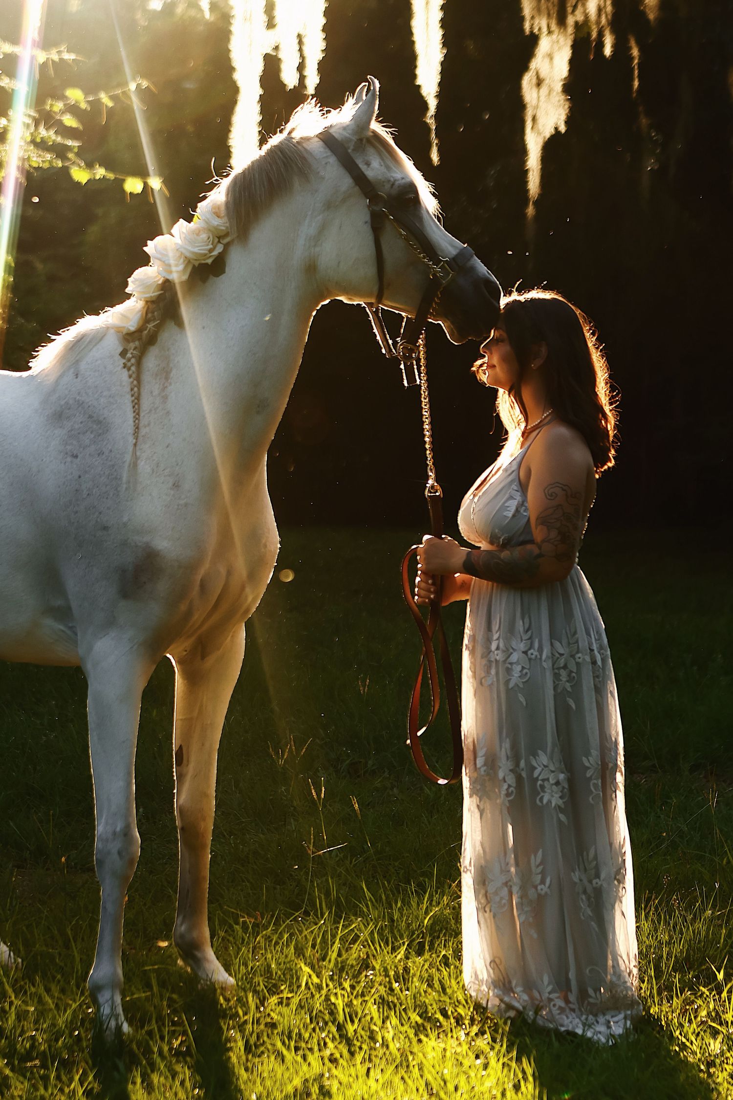 A dreamy backlit scene shows someone in a white lace dress standing with a white horse in a sunlit forest setting.