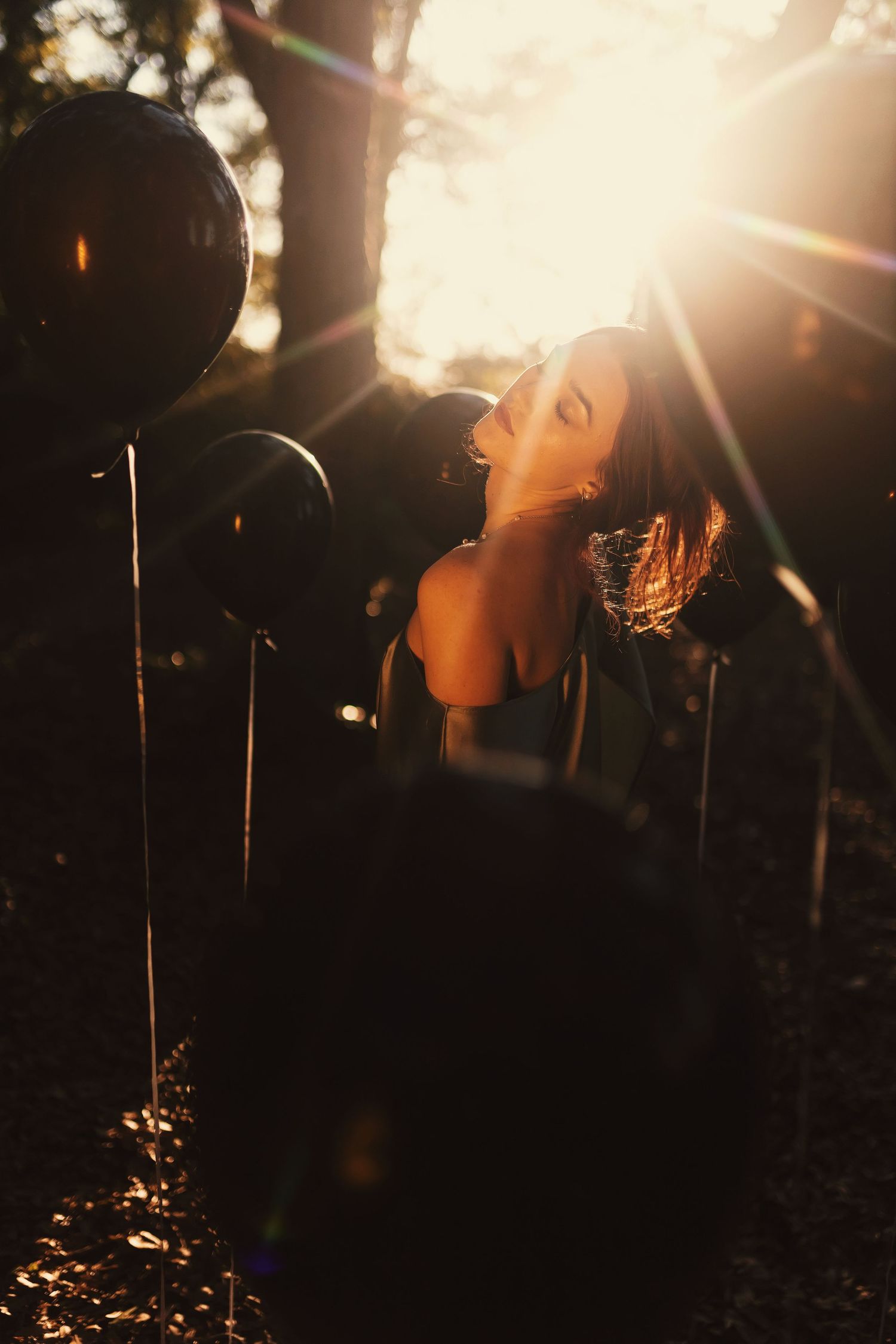 A silhouetted figure stands against a bright sunburst effect in a moody backlit forest scene.