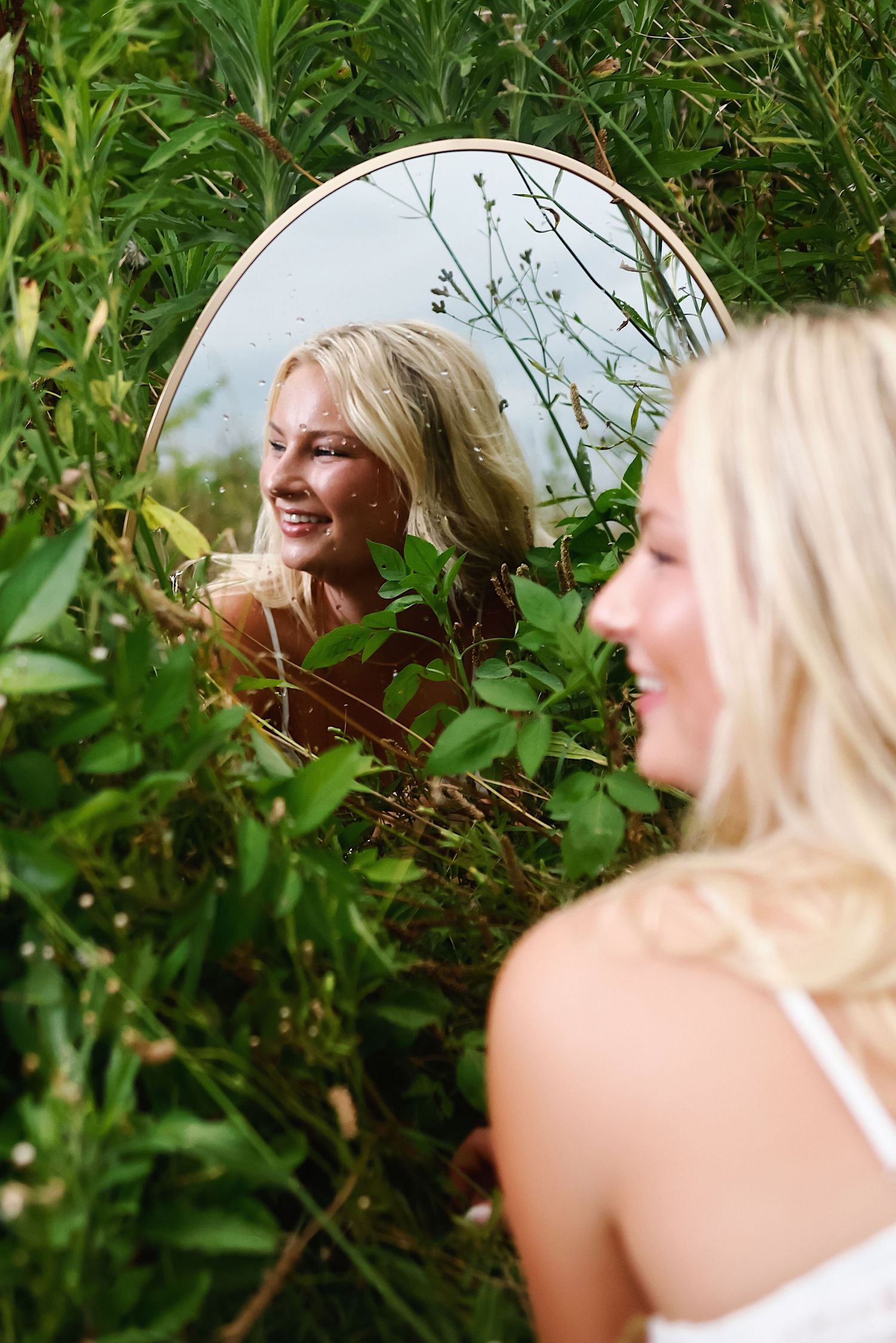 A series of profile portraits against lush green foliage in natural outdoor lighting.