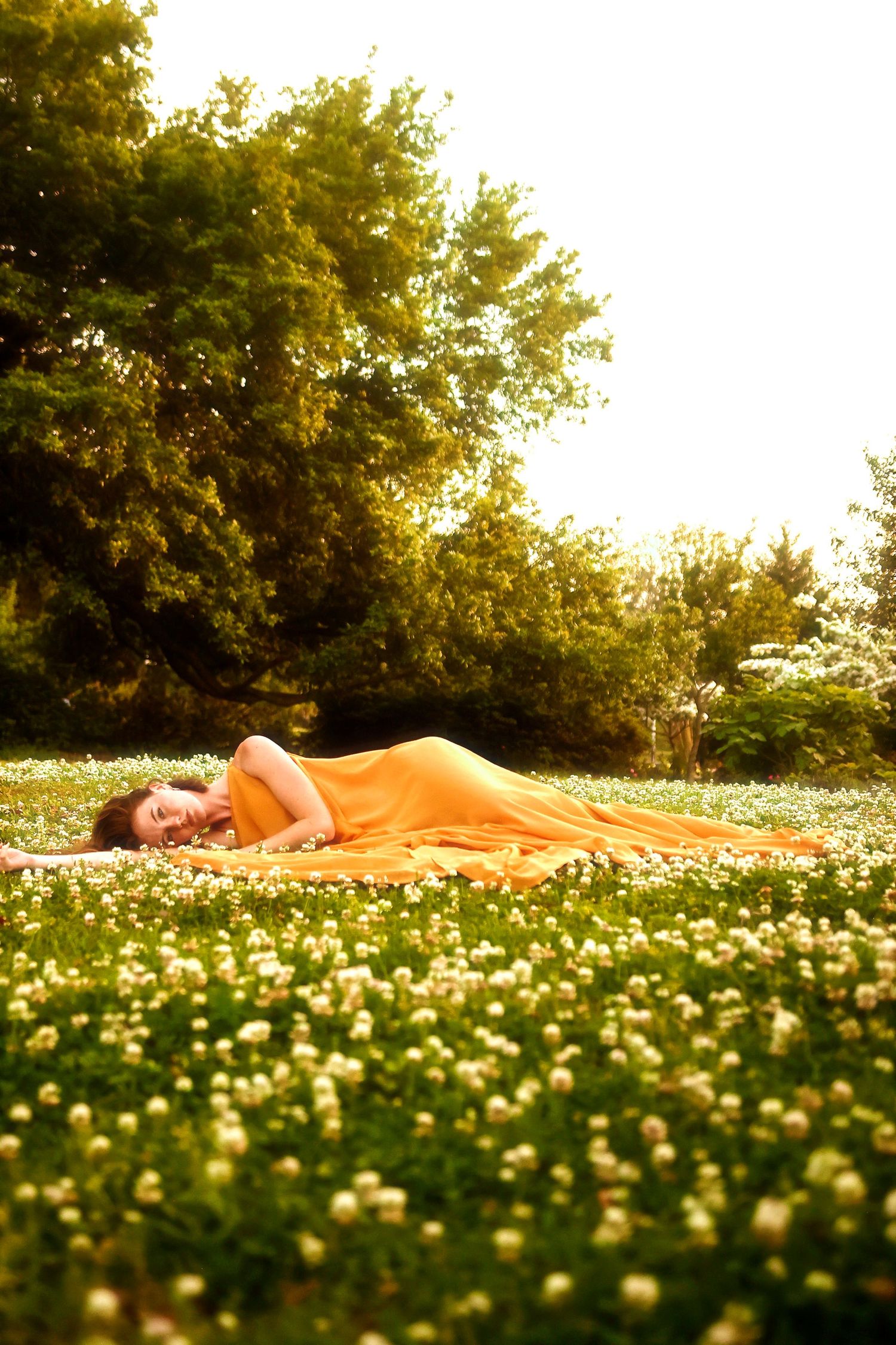 A person lies peacefully in a serene meadow filled with delicate white wildflowers during a golden sunset.