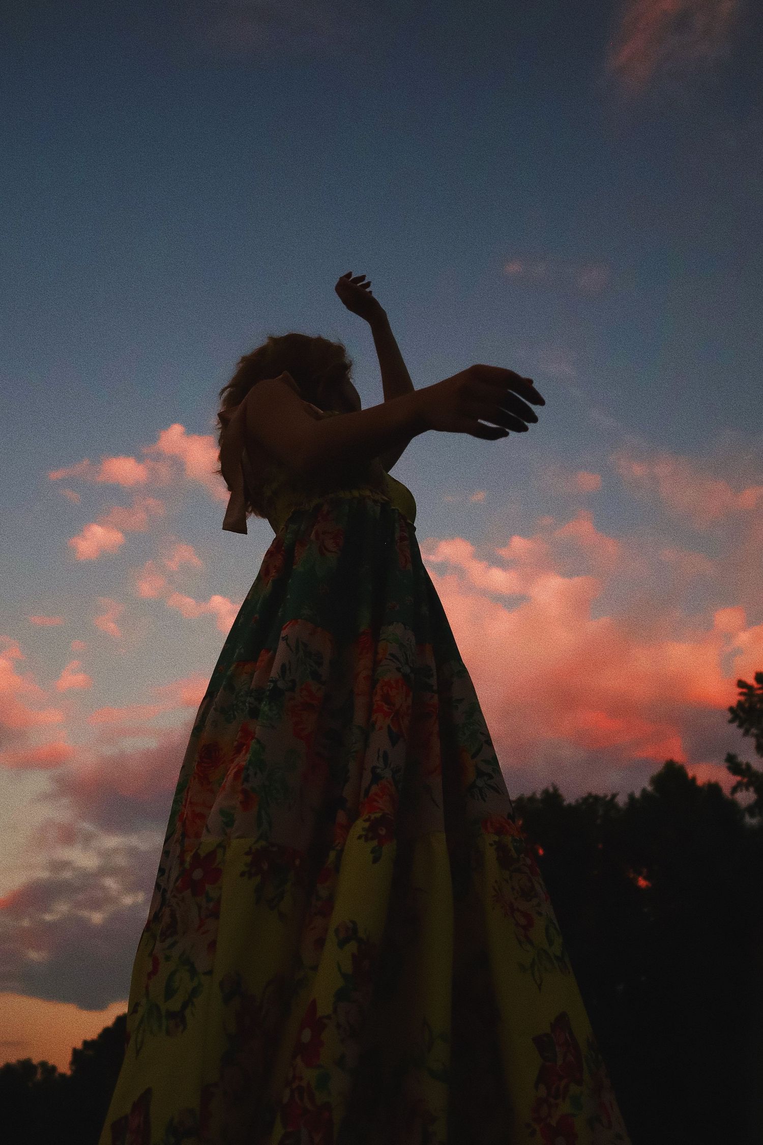 A silhouette dances against a vibrant sunset sky with pink clouds and dark trees in the background.