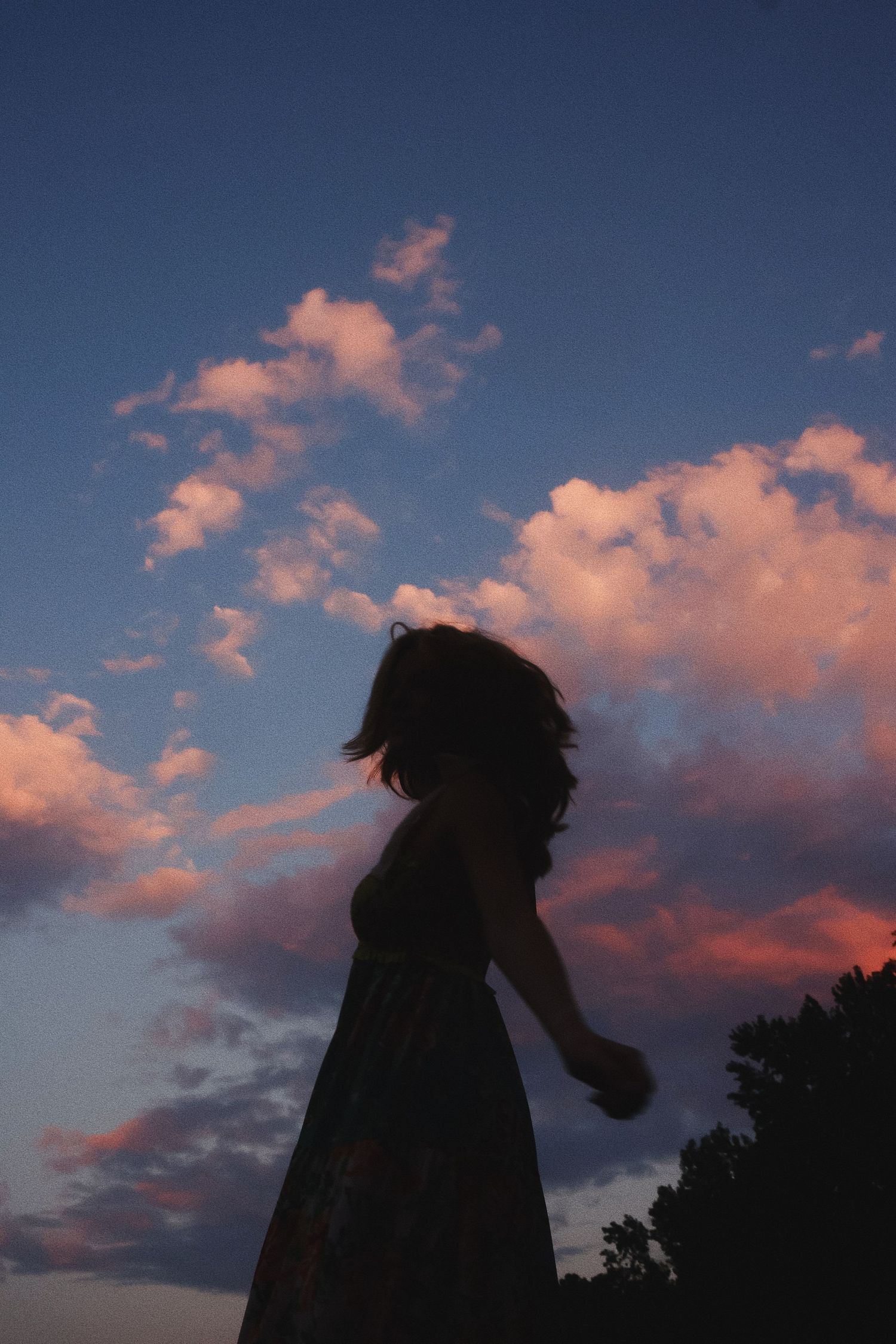 Silhouette of a figure in a dress against a dramatic sunset sky with pink and purple clouds.