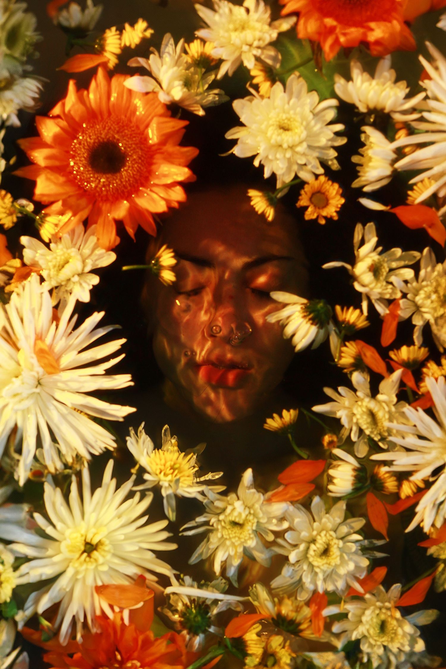 A vibrant floral arrangement featuring orange gerbera daisies and white chrysanthemums against a dark background.