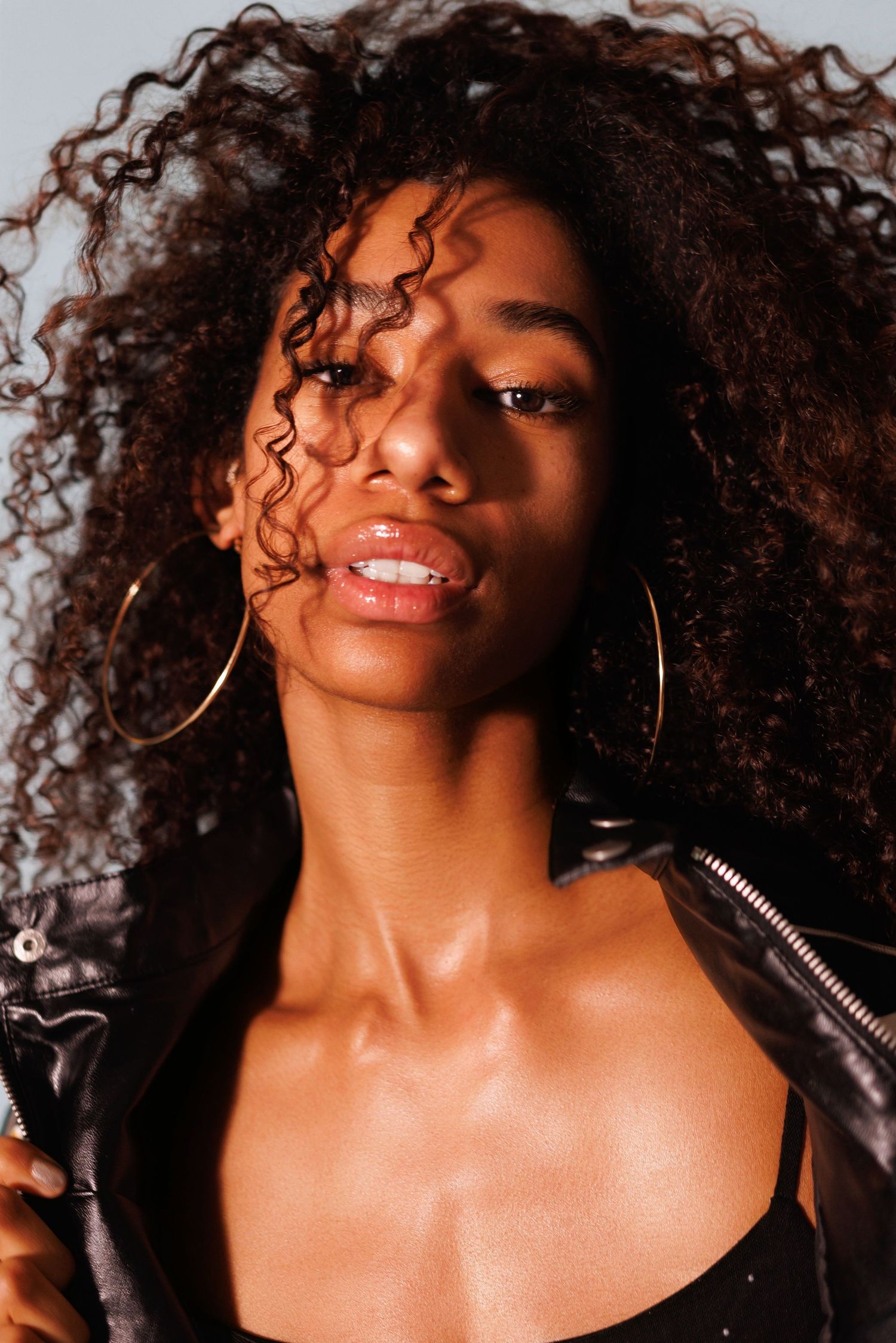 Striking portrait with dramatic natural curly hair, gold hoop earrings and black top in warm lighting.